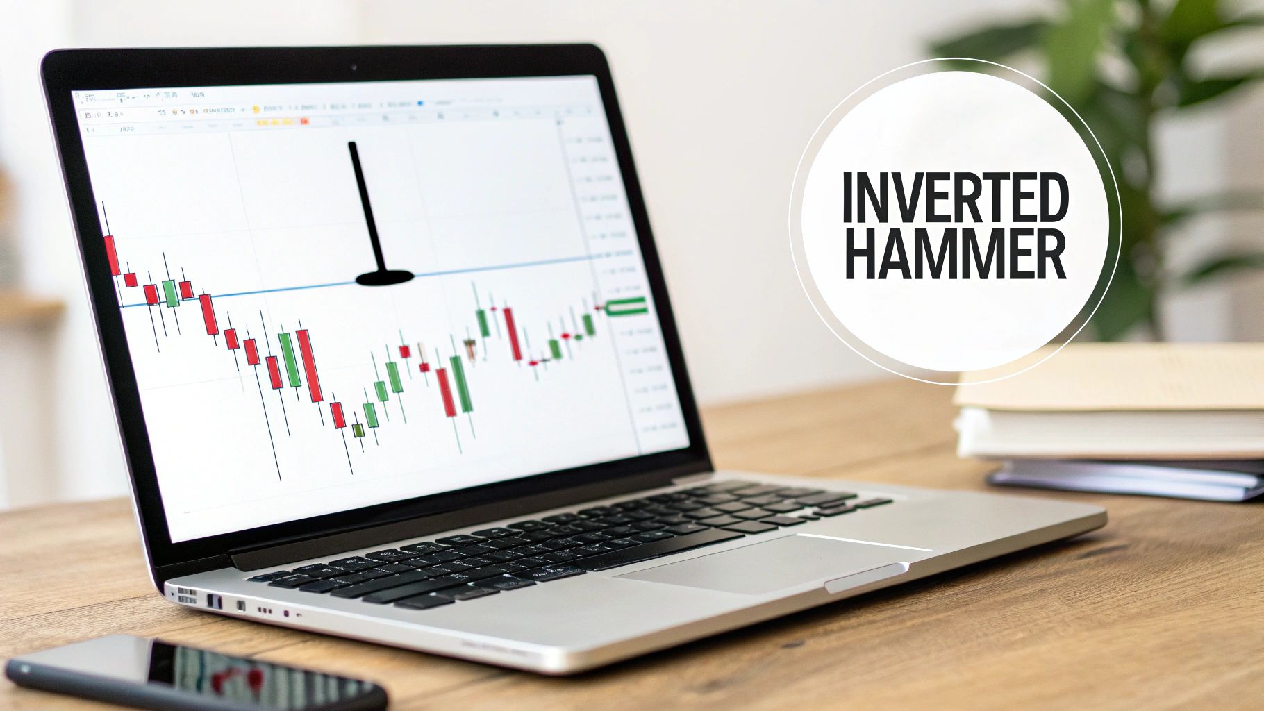 A laptop displays an 'Inverted Hammer' candlestick chart pattern, resting on a wooden desk next to a smartphone.