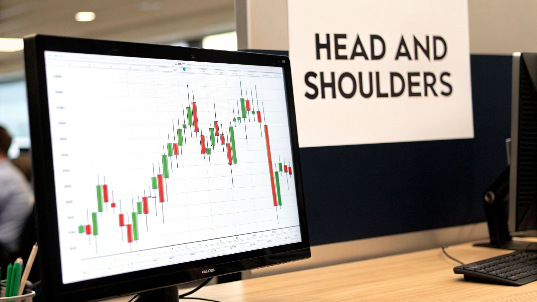 A computer monitor displays a candlestick chart next to a sign reading 'HEAD AND SHOULDERS'.