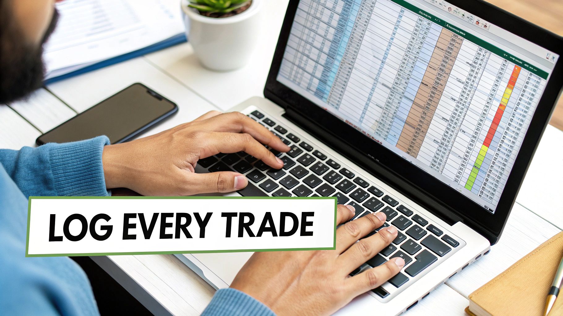 Person typing on a laptop with a trading journal spreadsheet open, emphasizing logging trades. Person typing on a laptop with a trading journal spreadsheet open, emphasizing logging trades.