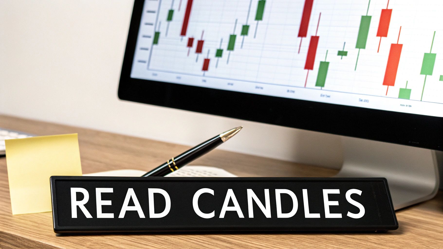 A desk with a monitor displaying a candlestick chart and a 'READ CANDLES' sign.