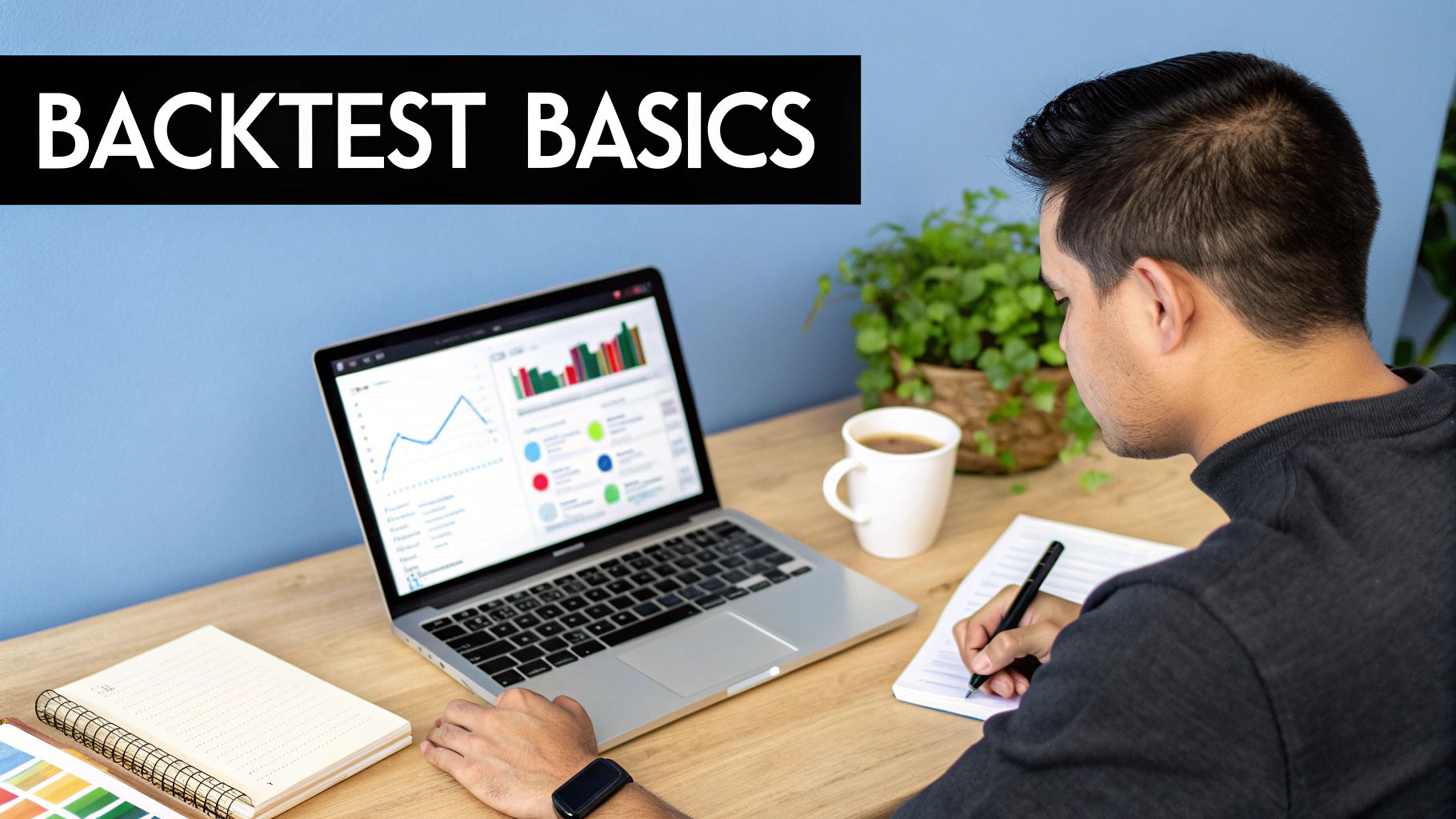 Man studying financial charts on a laptop and taking notes, with a 'BACKTEST BASICS' title.