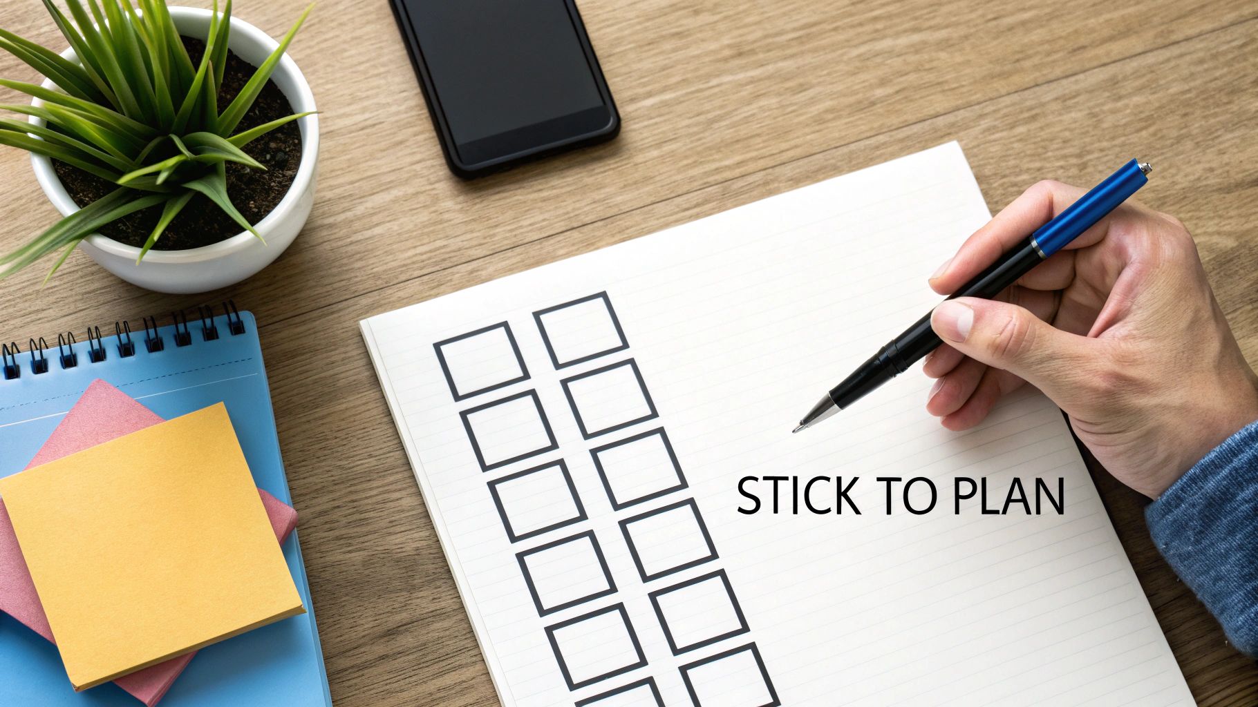 Overhead view of a hand writing 'STICK TO PLAN' on a checklist notebook on a wooden desk. Overhead view of a hand writing 'STICK TO PLAN' on a checklist notebook on a wooden desk.