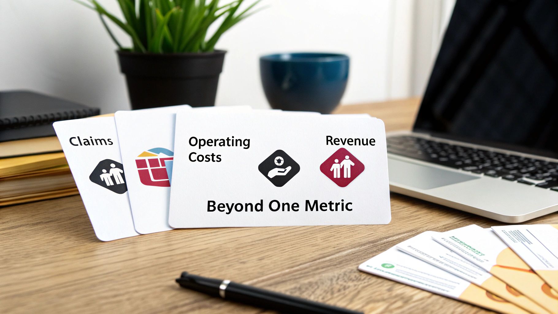 Business cards on a wooden desk showing 'Claims,' 'Operating Costs,' and 'Revenue' with 'Beyond One Metric' title.