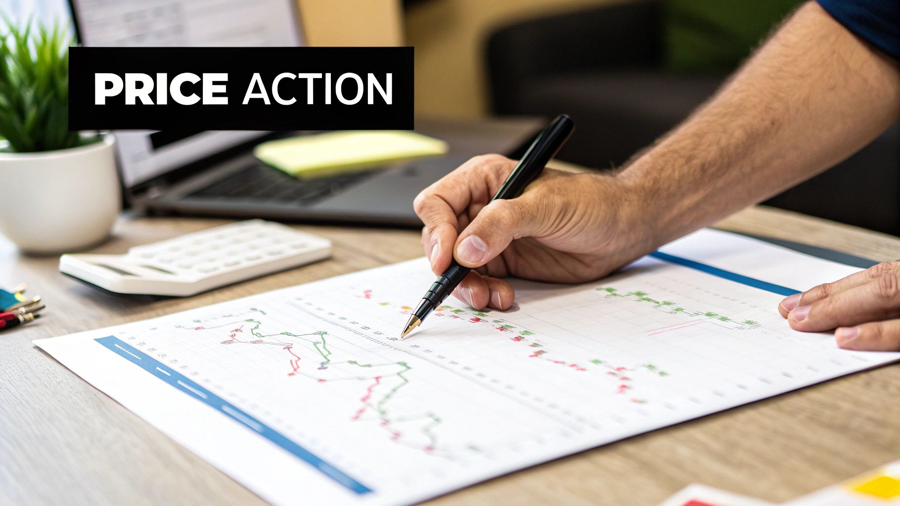 A person analyzes financial charts with a pen on a desk, with a 'PRICE ACTION' banner.
