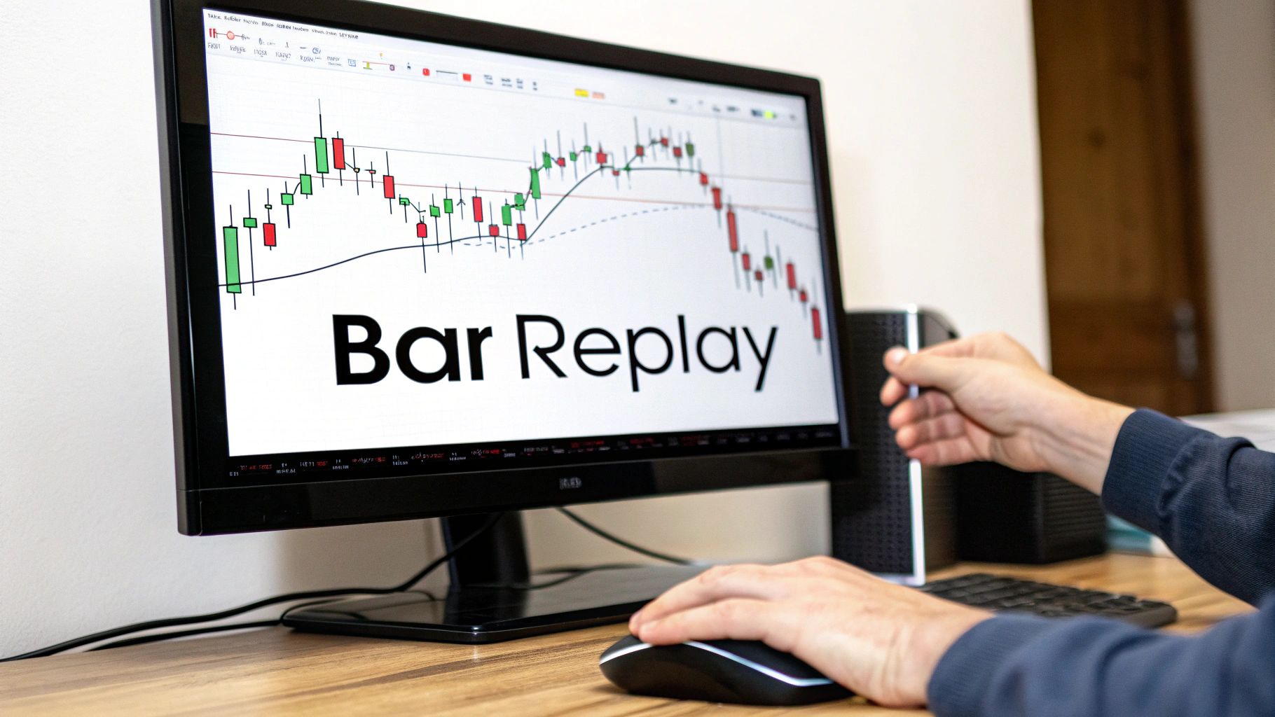 A person's hands using a computer showing a financial candlestick chart with 'Bar Replay' text. A person's hands using a computer showing a financial candlestick chart with 'Bar Replay' text.
