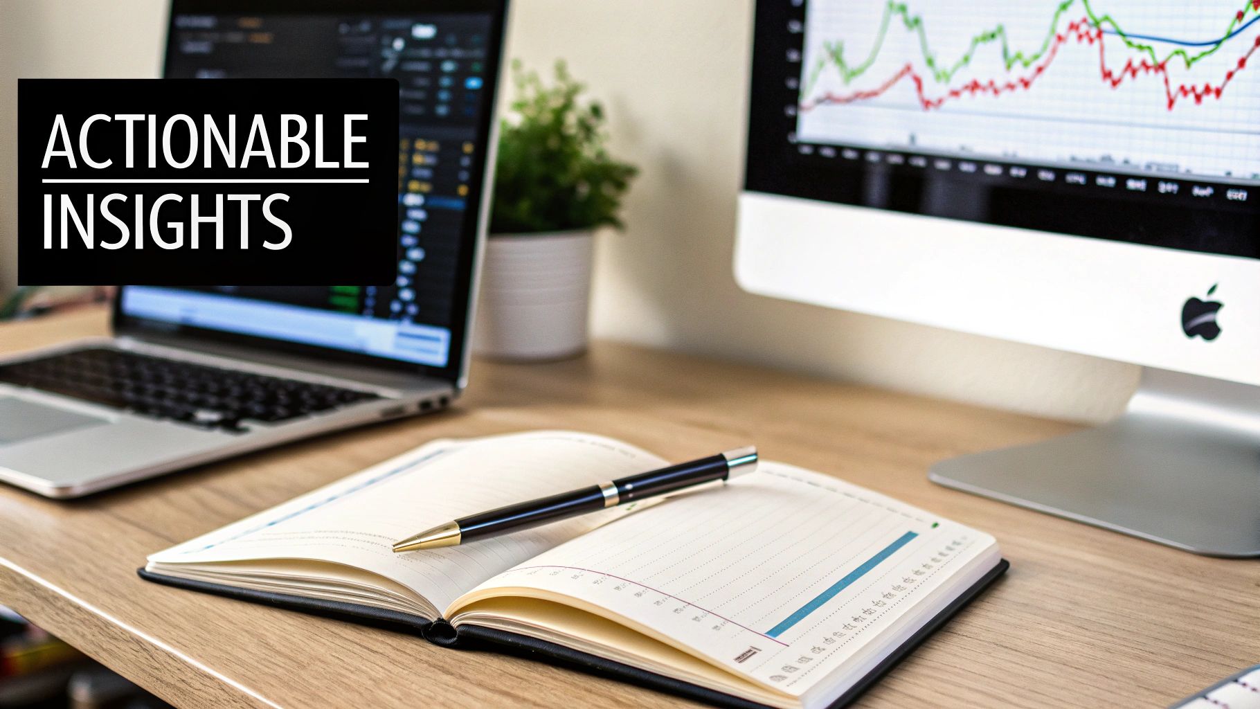 A modern workspace with a laptop, monitor displaying financial charts, an open notebook, and a pen.