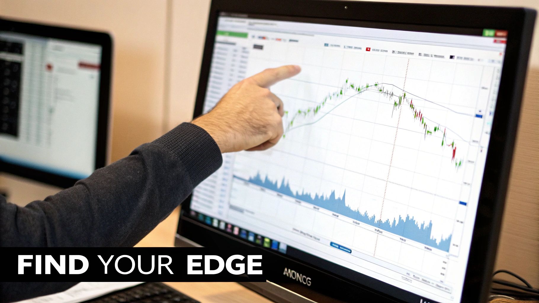 A person's hand points at a financial stock chart on a computer screen, analyzing market data.