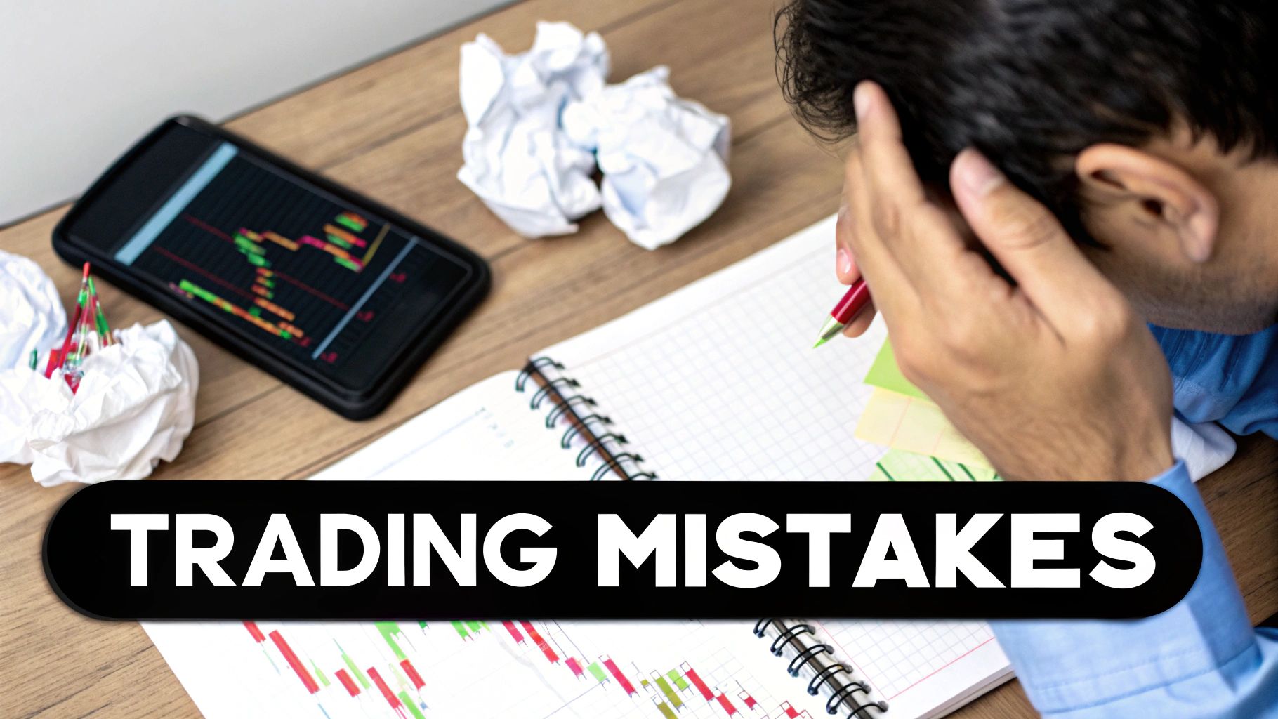 A stressed person with hands on head, reviewing trading charts on a phone and notebook, surrounded by crumpled papers, highlighting trading mistakes.