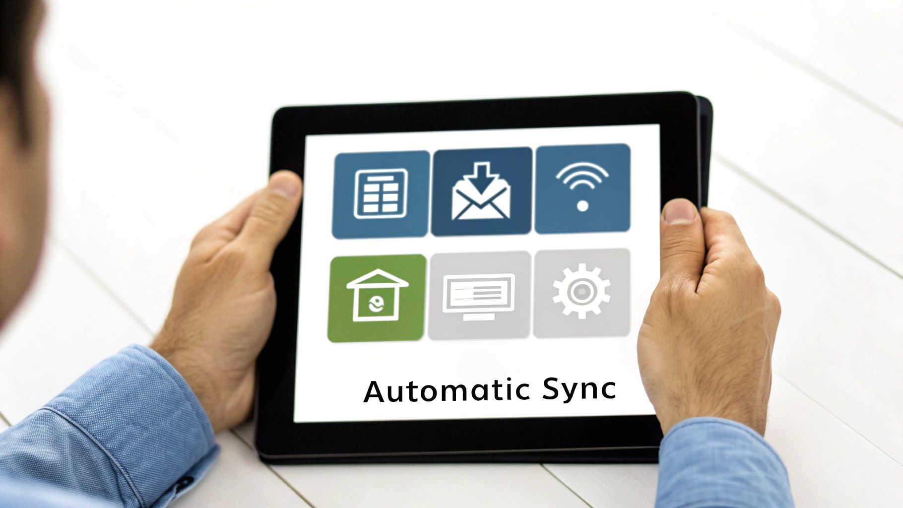 Person holding tablet displaying automatic sync interface with home automation and connectivity icons
