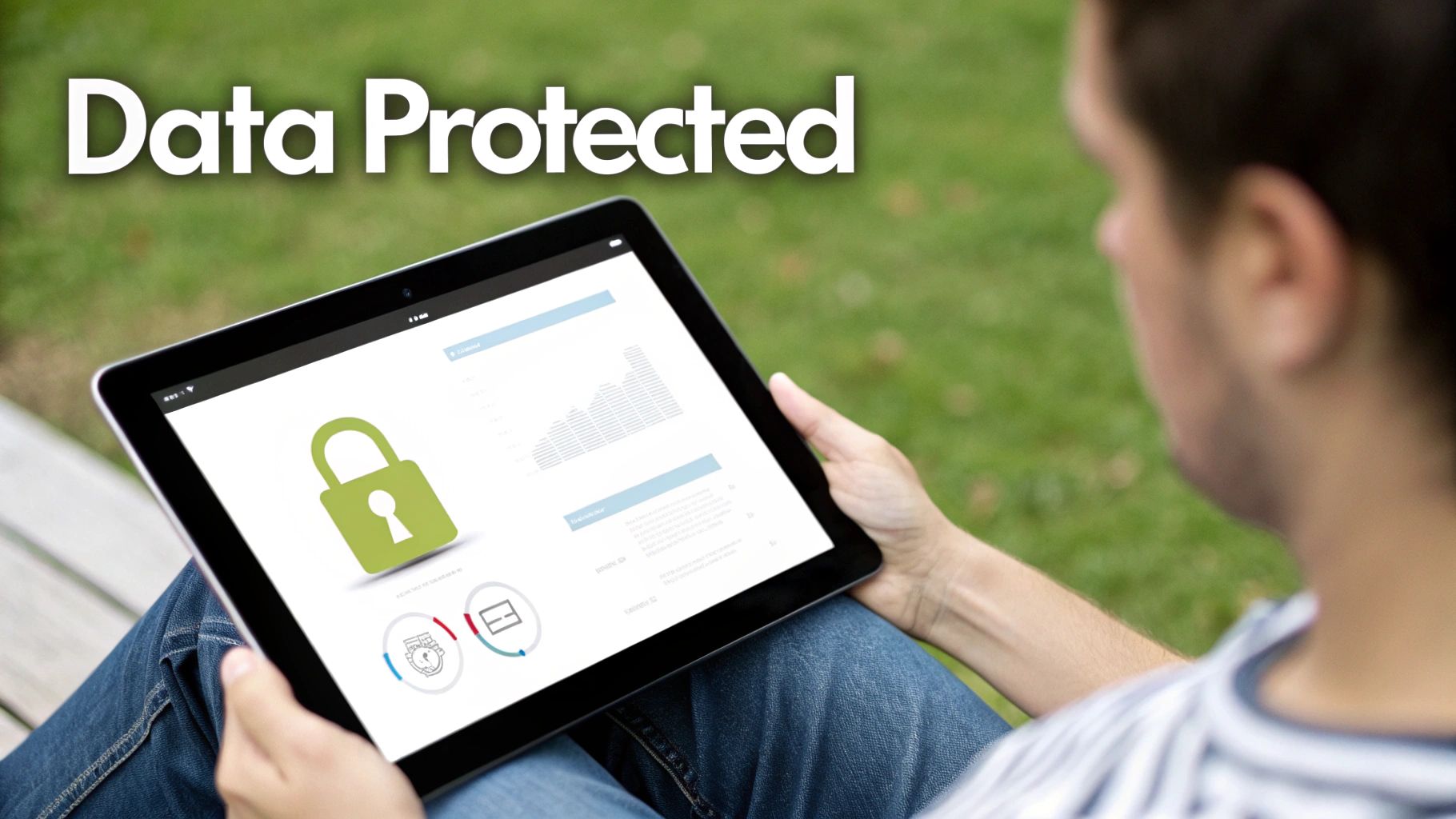 A person holds a tablet displaying a green padlock icon, charts, and the text 'Data Protected'.