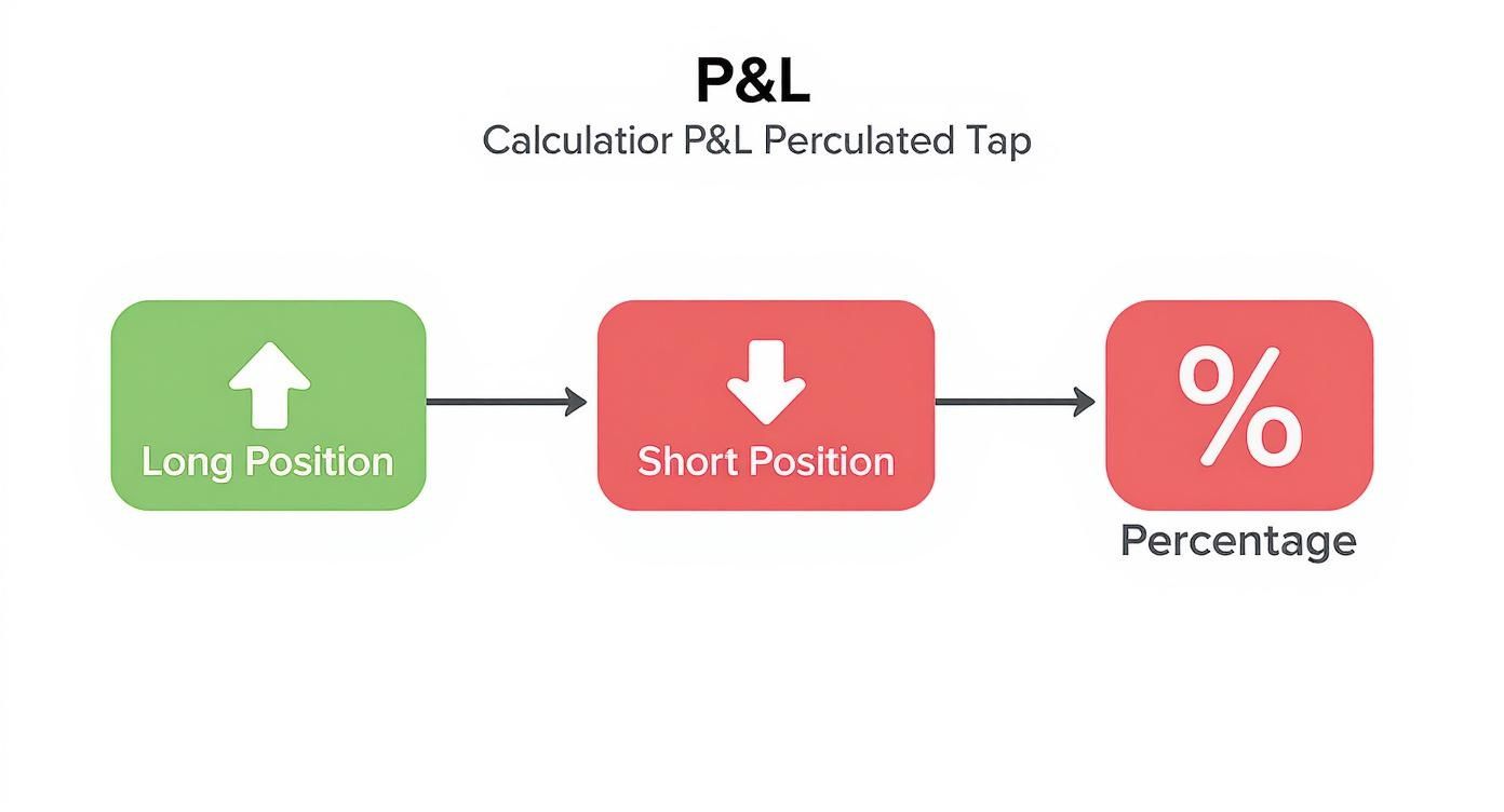 A P&L calculation flowchart showing long position, short position, and resulting percentage.