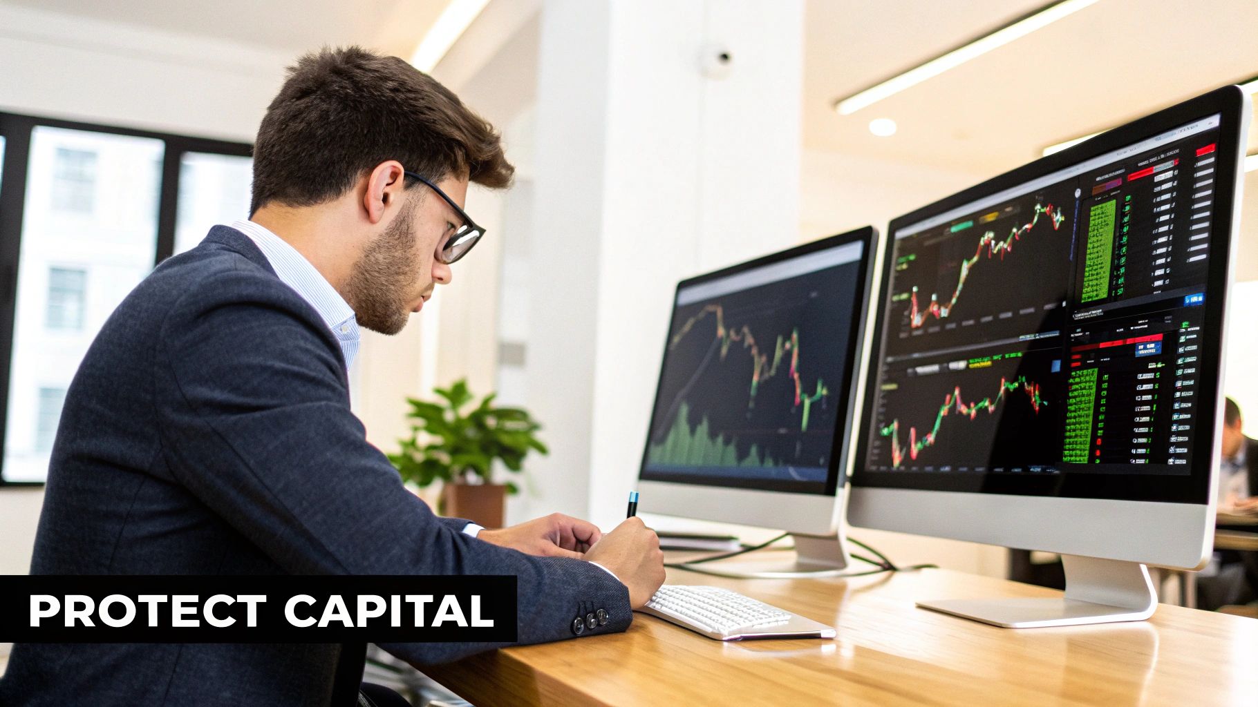A trader analyzing charts on multiple screens, focused and calm.