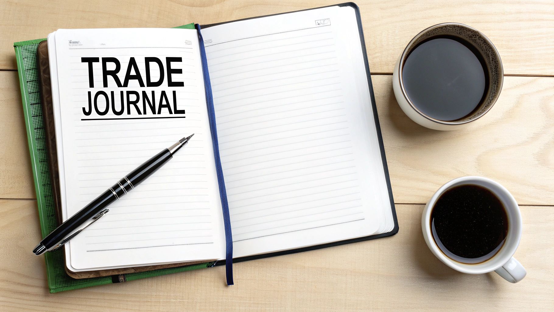 A person journaling their trades with charts in the background. A person journaling their trades with charts in the background.