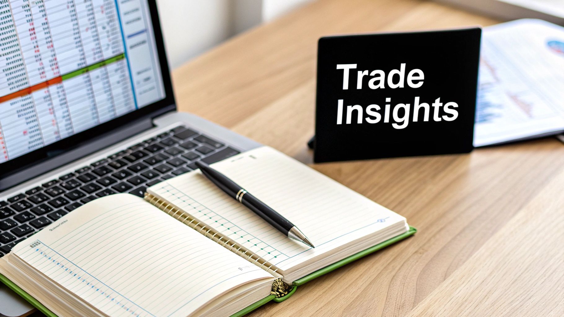 A desk with a laptop showing a spreadsheet, an open notebook, a pen, and a 'Trade Insights' sign.