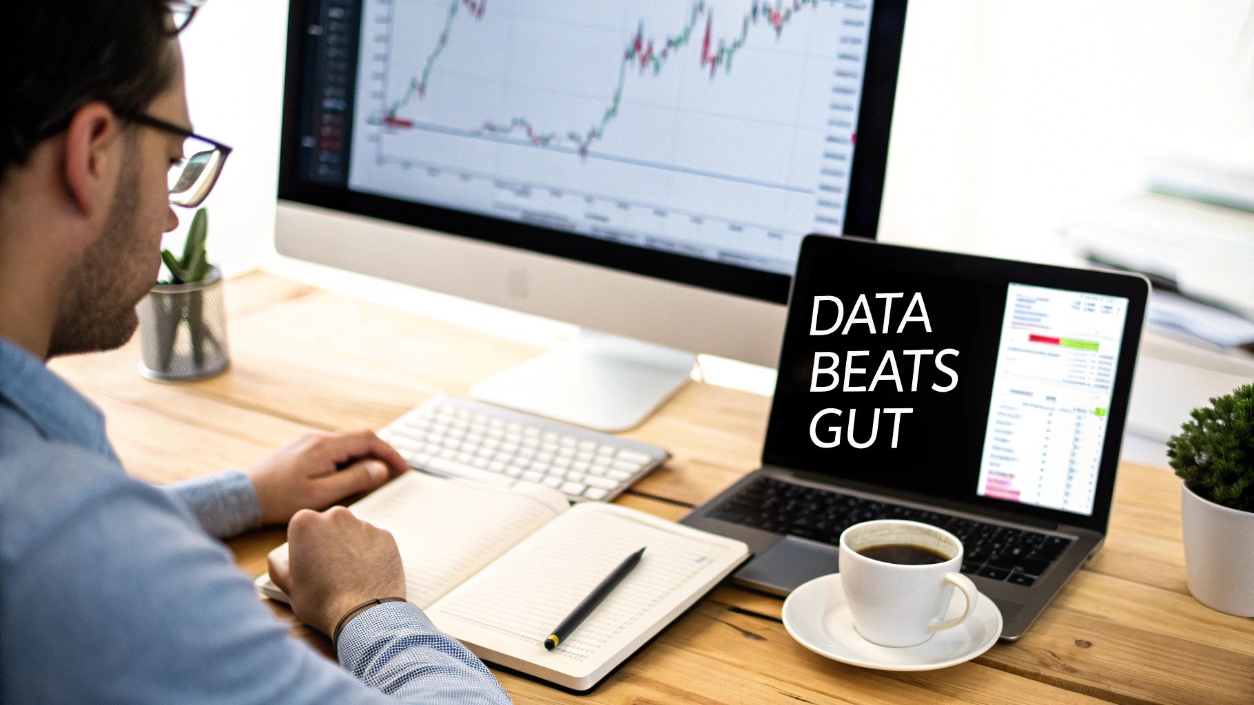 A man analyzes financial charts on a monitor and laptop, with 'DATA BEATS GUT' displayed, while writing in a trading journal.