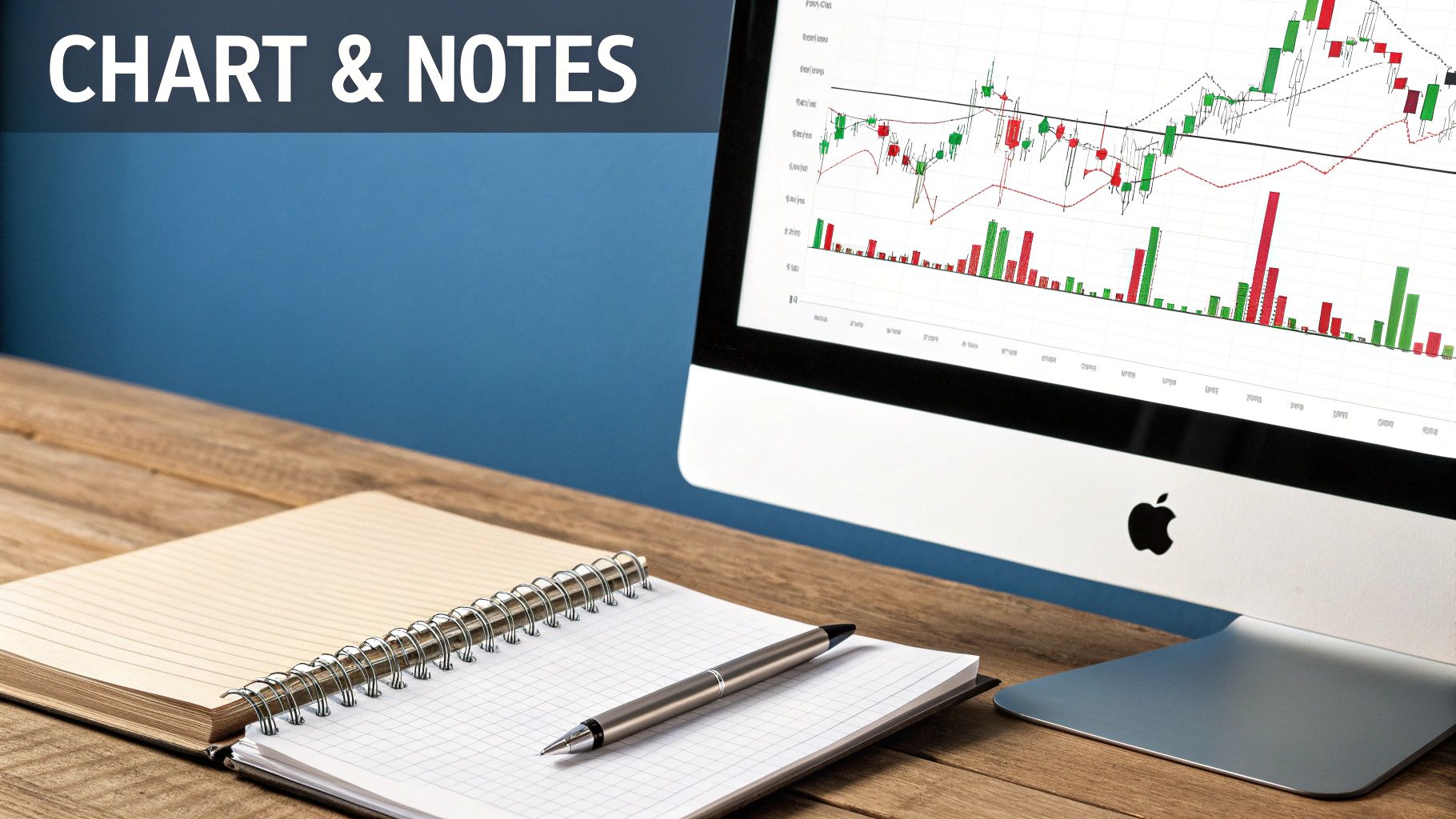 A desk with an Apple monitor displaying a stock chart, alongside an open notebook and a pen.
