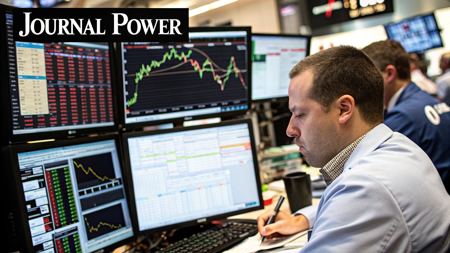 A trader analyzing financial charts on multiple screens.