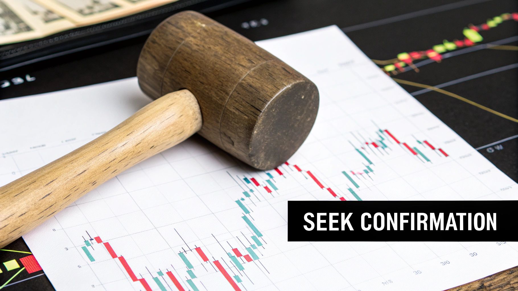 A wooden gavel rests on a financial candlestick chart, with dollar bills and a 'SEEK CONFIRMATION' text overlay.