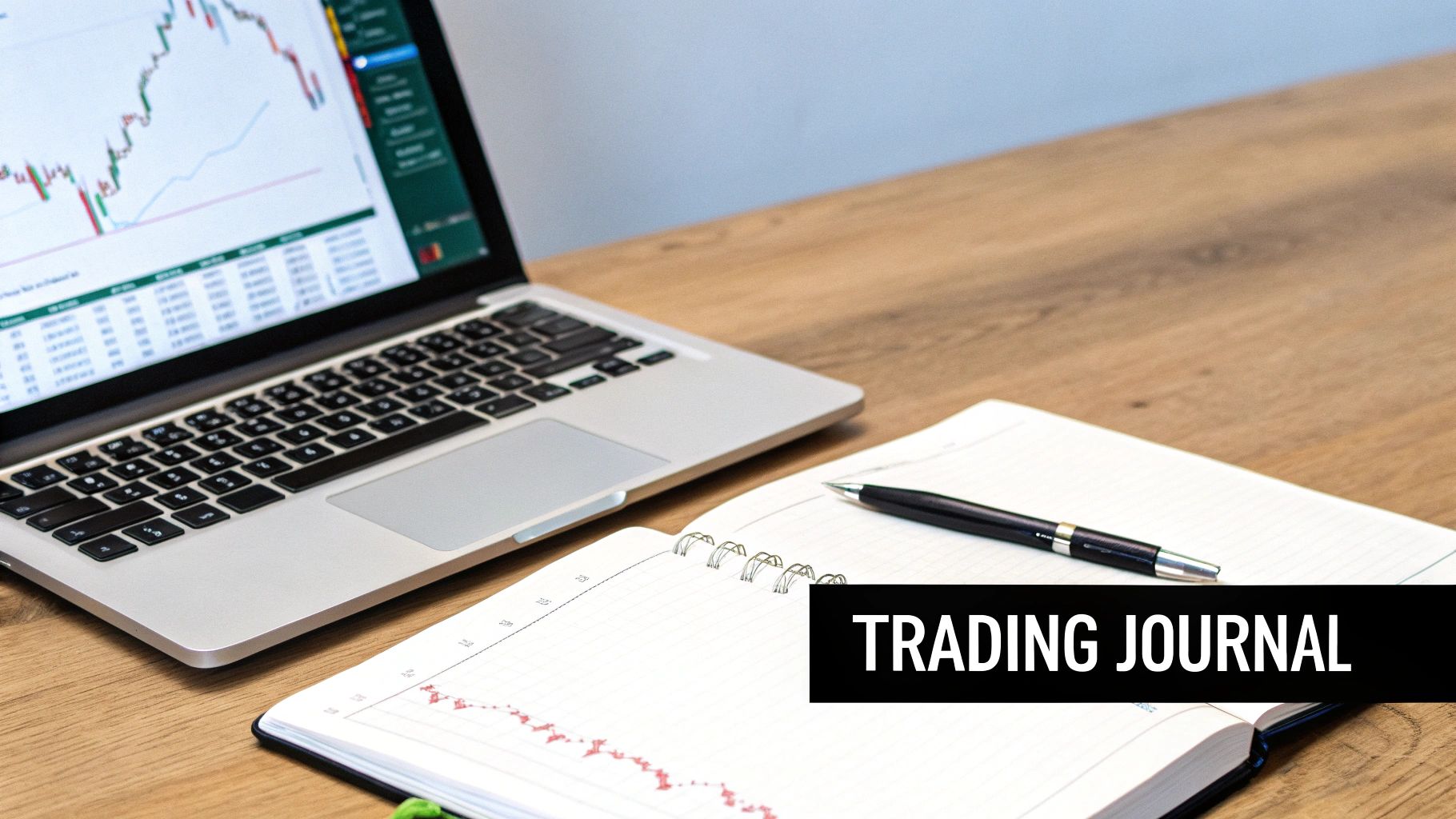 A laptop displaying financial charts and data next to an open notebook and pen on a wooden desk with 'TRADING JOURNAL' text.