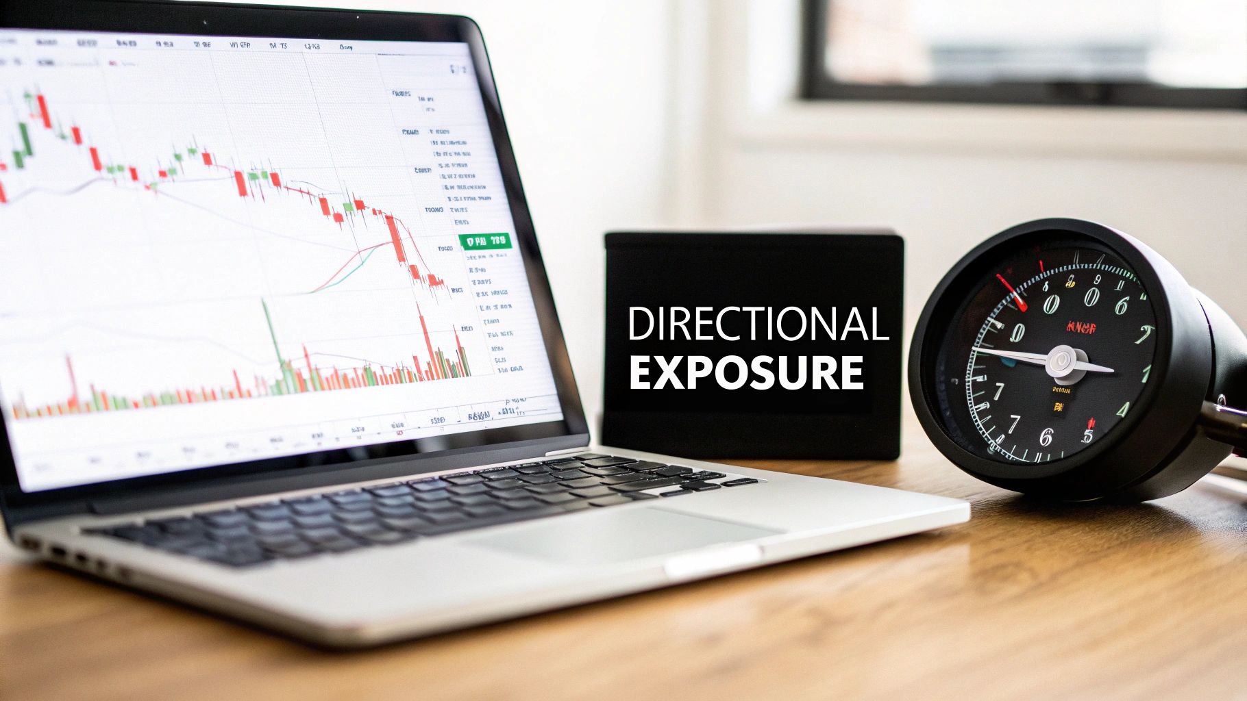 A laptop displaying stock market charts next to a 'DIRECTIONAL EXPOSURE' sign and a financial gauge.
