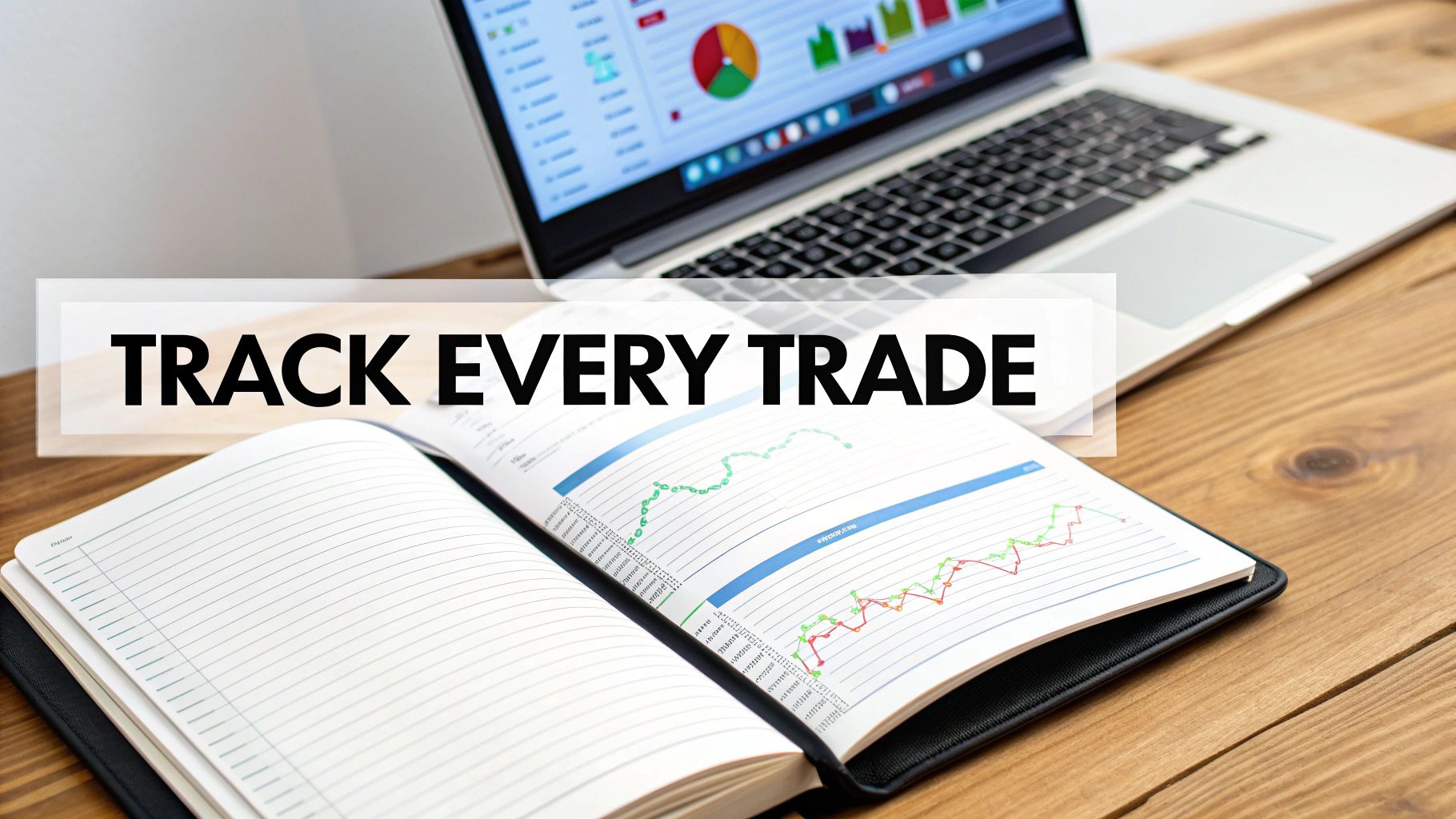Laptop with financial charts and open notebook with graphs on a wooden desk. Text says 'TRACK EVERY TRADE'.