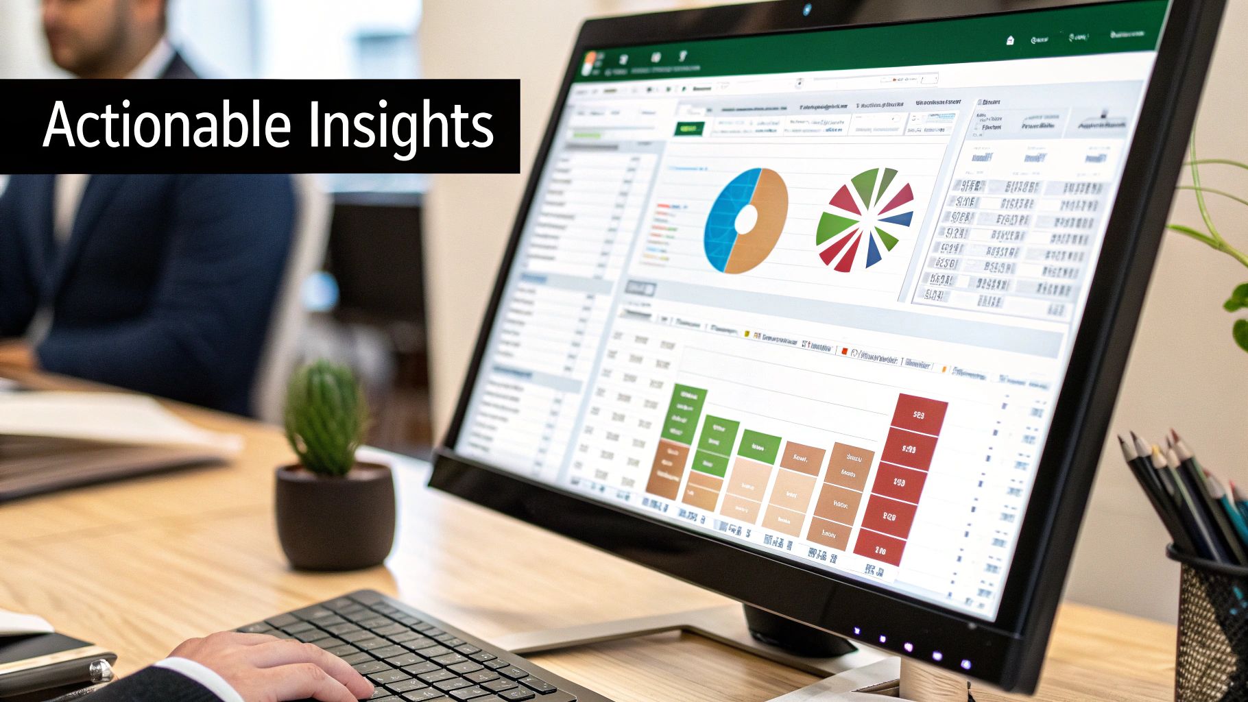 A person views a computer screen displaying a business dashboard with charts and data for analysis. A person views a computer screen displaying a business dashboard with charts and data for analysis.