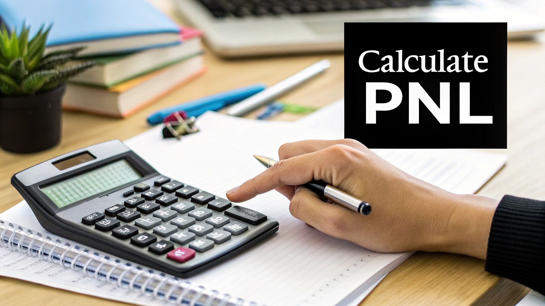 A person's hand uses a calculator on a desk with a notebook and pen, with 'Calculate PNL' text.