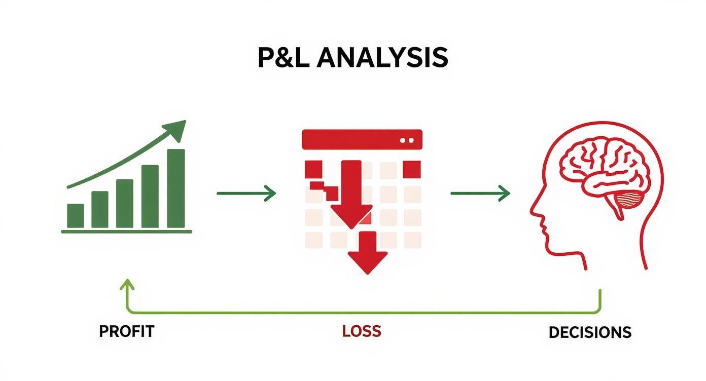 Diagram illustrating P&L analysis: profit leads to loss, informing decisions which then aim for profit.