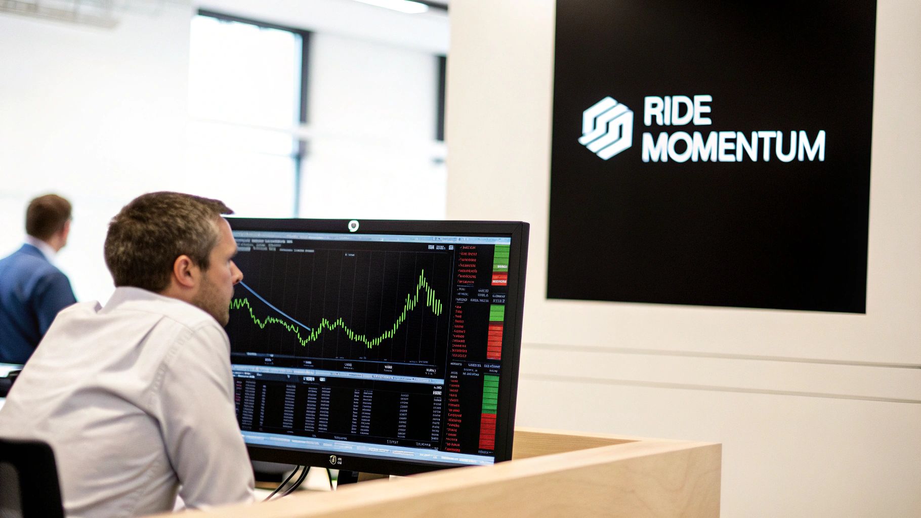 Man intensely watches financial trading data on a computer screen in a modern office.