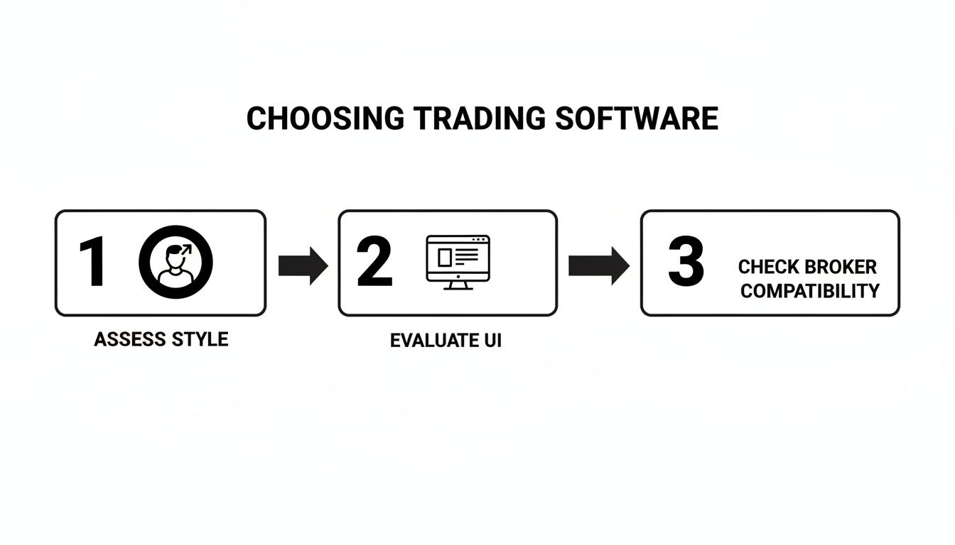 A three-step visual guide on choosing trading software, covering assessment, UI evaluation, and broker compatibility.