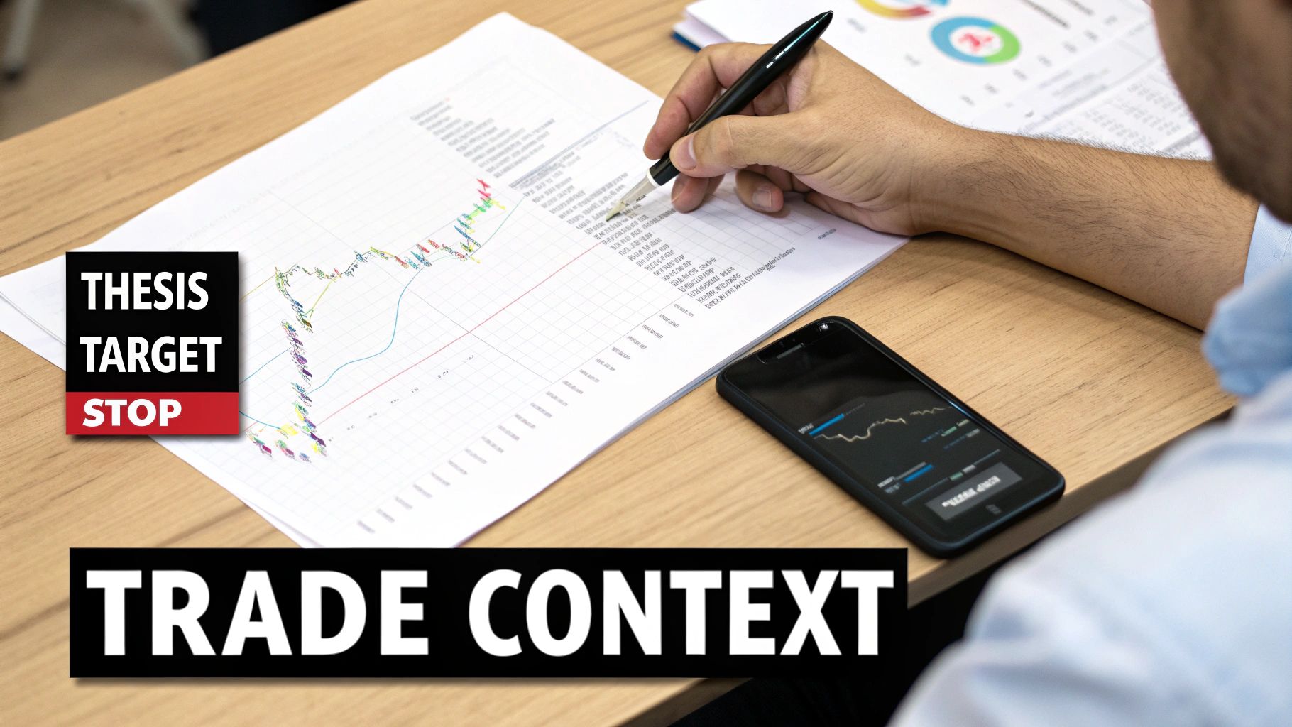 A person writing in a notebook, with a laptop and coffee nearby, suggesting thoughtful analysis.