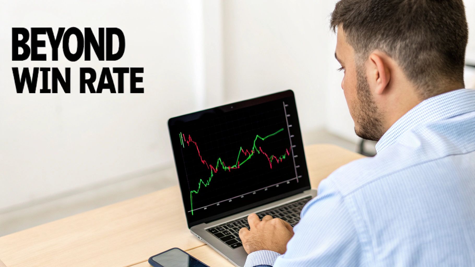 A man views a laptop displaying a financial graph, with "BEYOND WIN RATE" text on the wall.