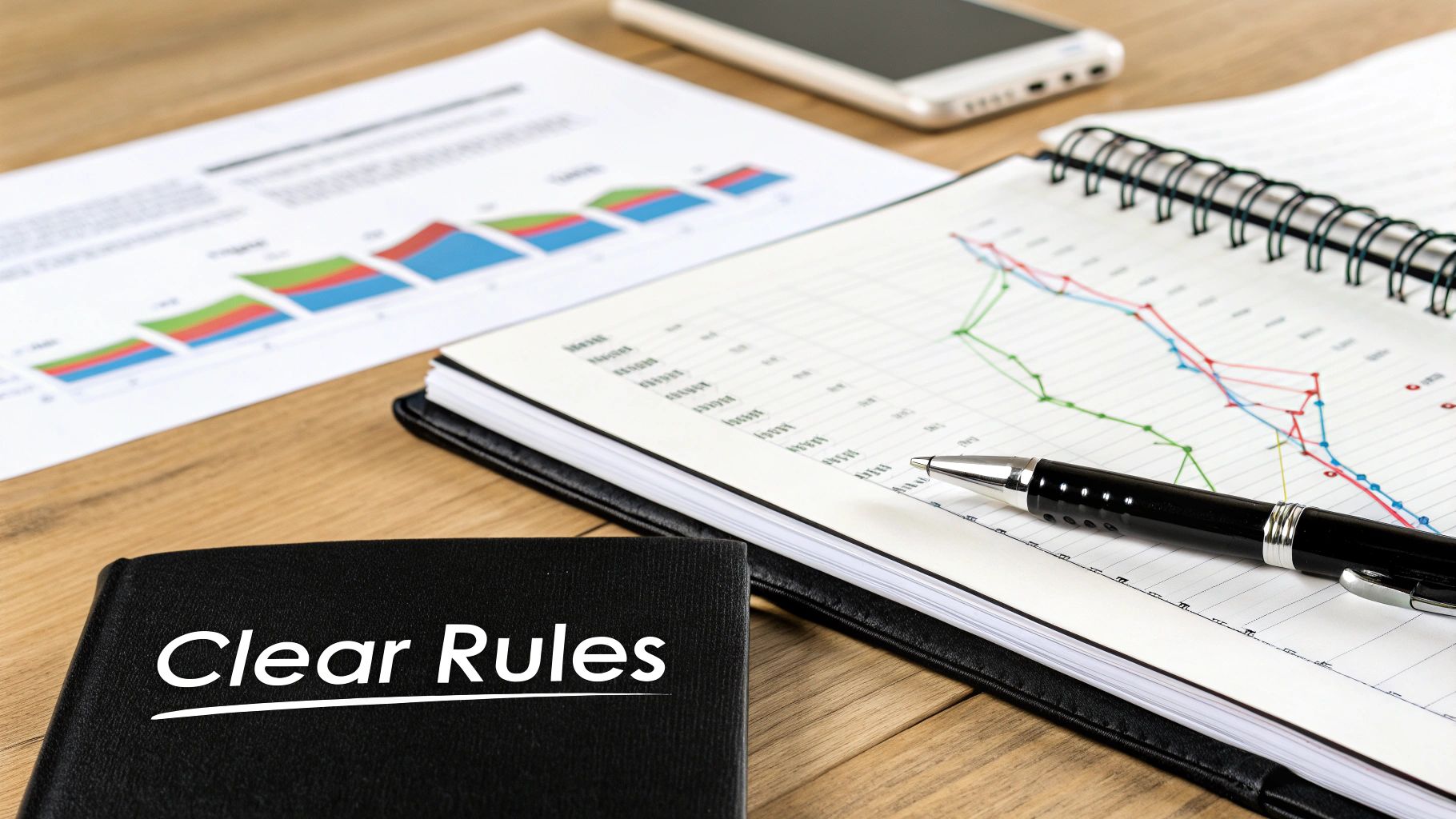 Business desk with 'Clear Rules' book, financial graphs, and a pen for strategic planning.