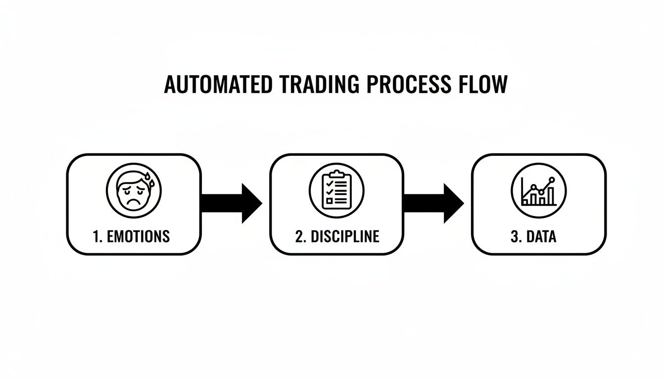 A flowchart illustrating the automated trading process, moving from emotions to discipline and data.