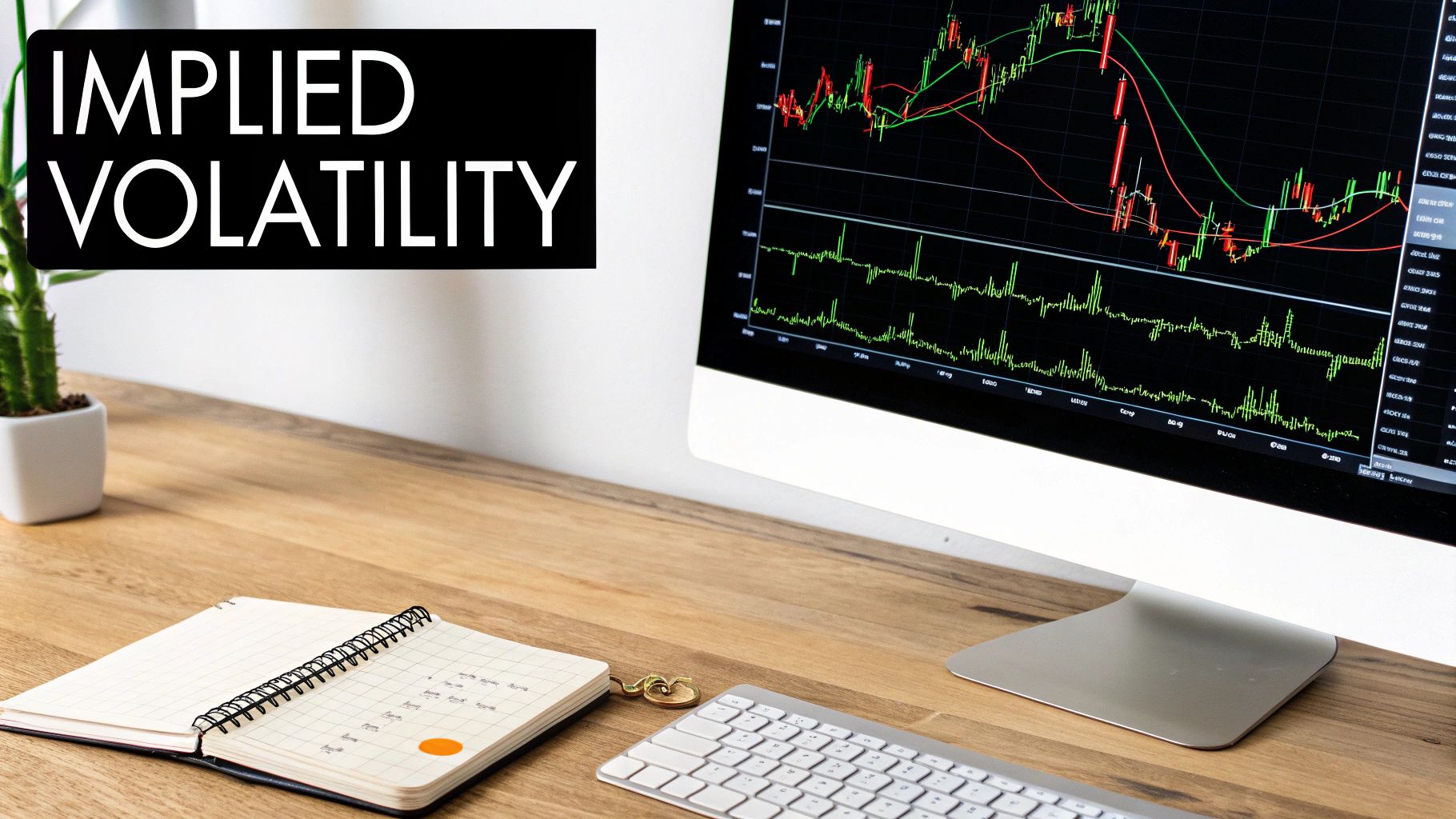 A desk with a computer displaying financial trading charts, a notebook, and a sign with 'IMPLIED VOLATILITY'.