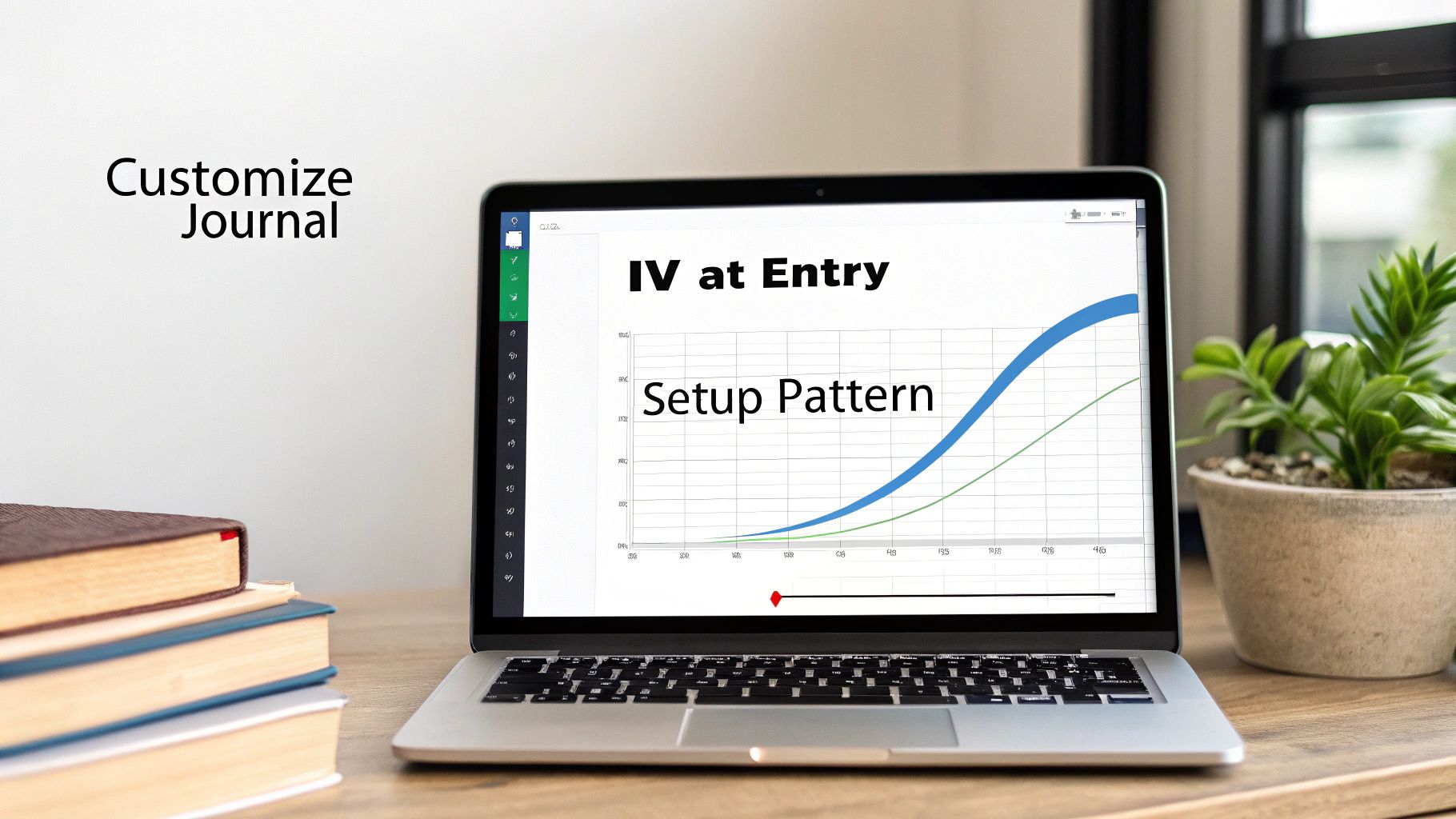 A laptop displays a trading journal graph titled 'IV at Entry' on a desk with stacked books. A laptop displays a trading journal graph titled 'IV at Entry' on a desk with stacked books.