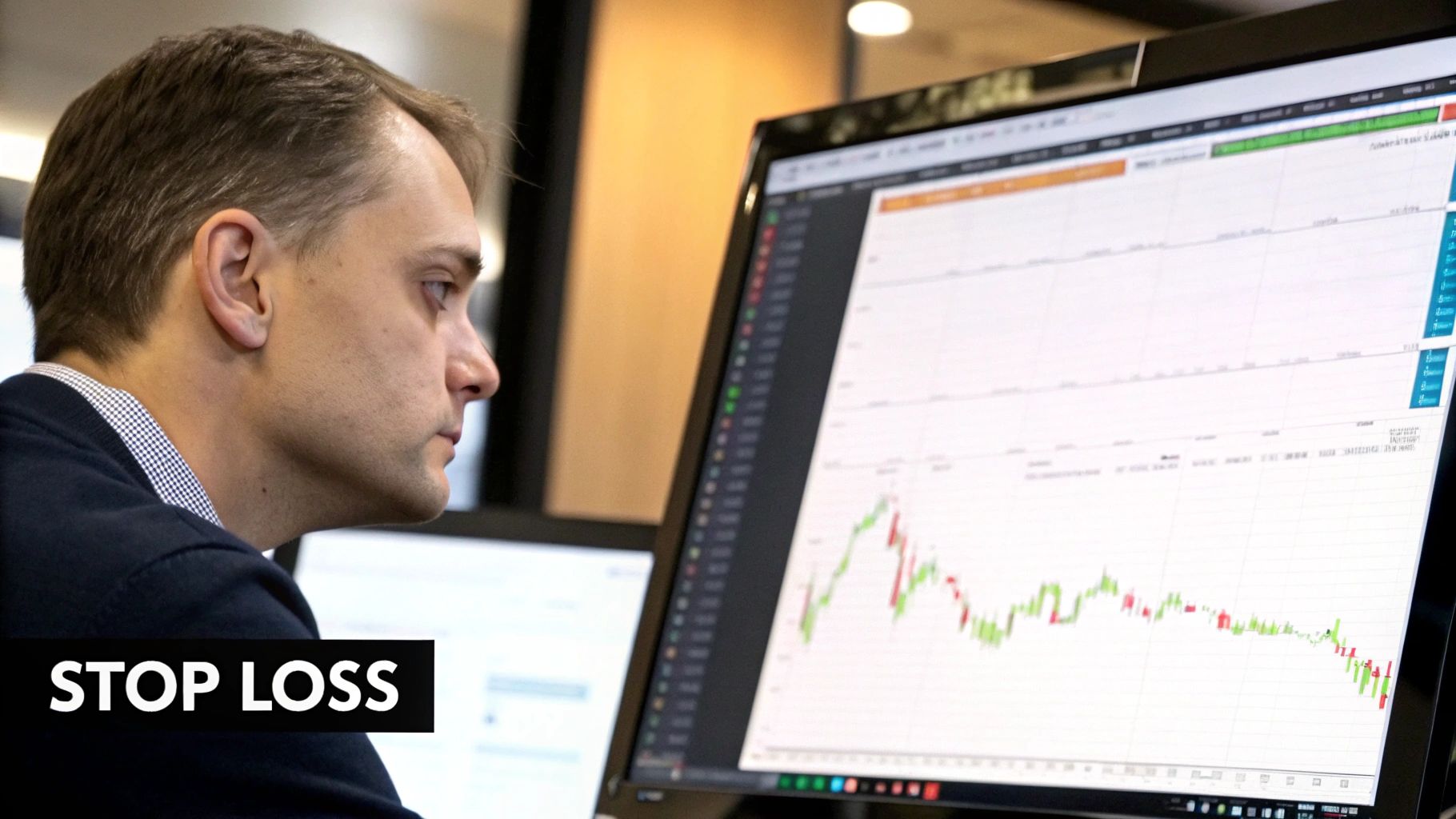 A trader's desk with multiple monitors displaying charts and risk management tools in a focused setting.