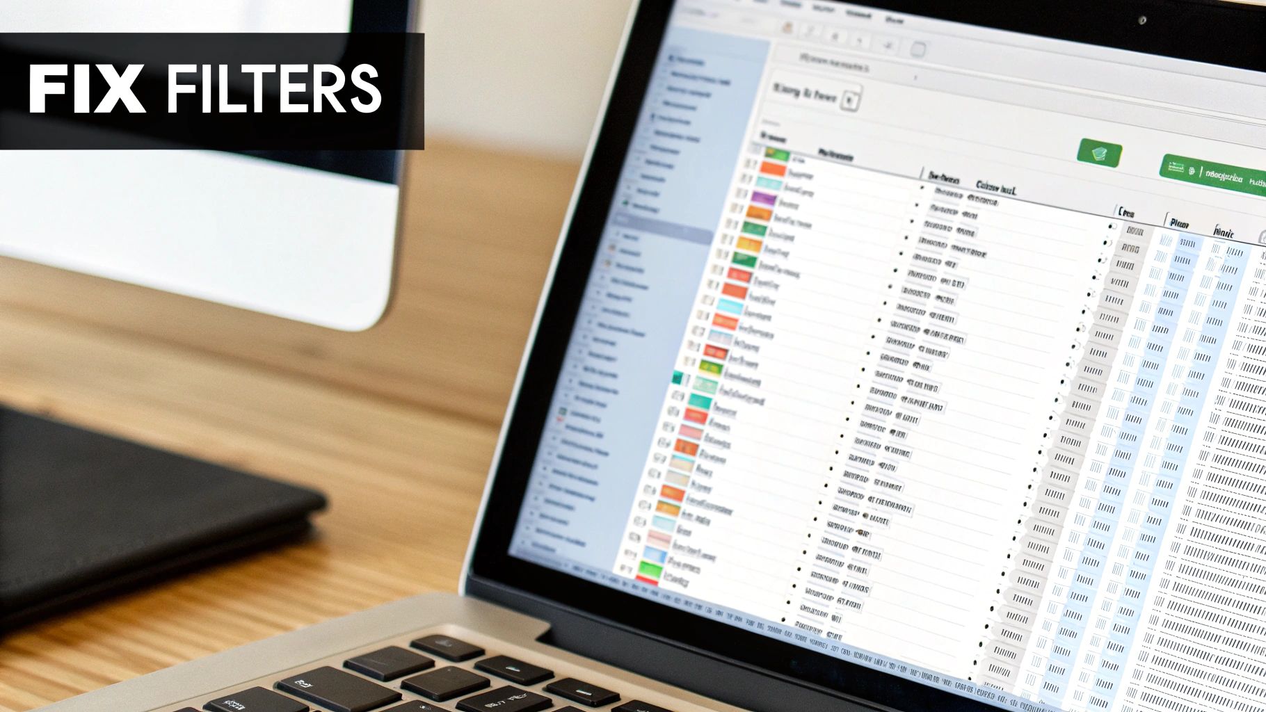 A laptop screen displays a data management application, possibly a pivot table, with 'FIX FILTERS' text. A laptop screen displays a data management application, possibly a pivot table, with 'FIX FILTERS' text.