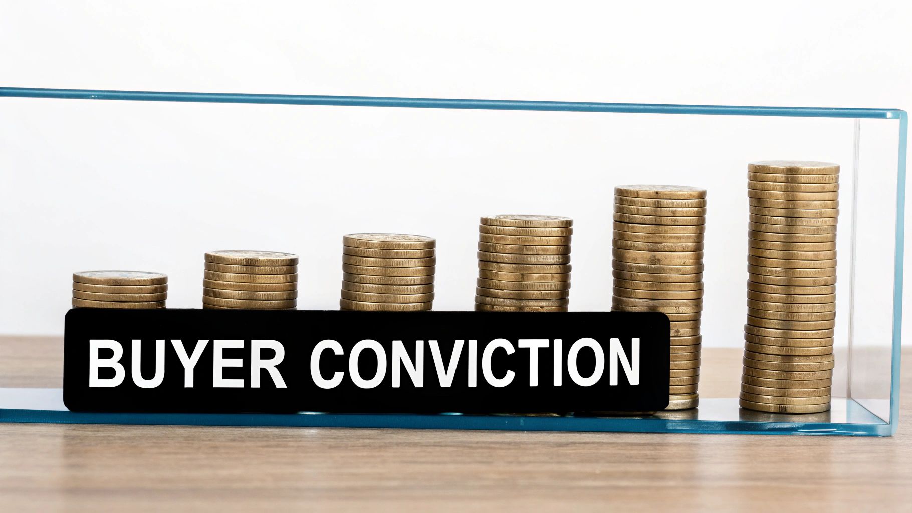 Stacked coins forming a rising bar chart, with a 'BUYER CONVICTION' label in front.