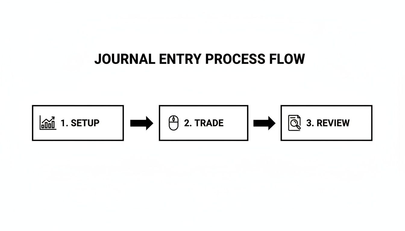 Diagram showing the Journal Entry Process Flow with steps: 1. Setup, 2. Trade, 3. Review.