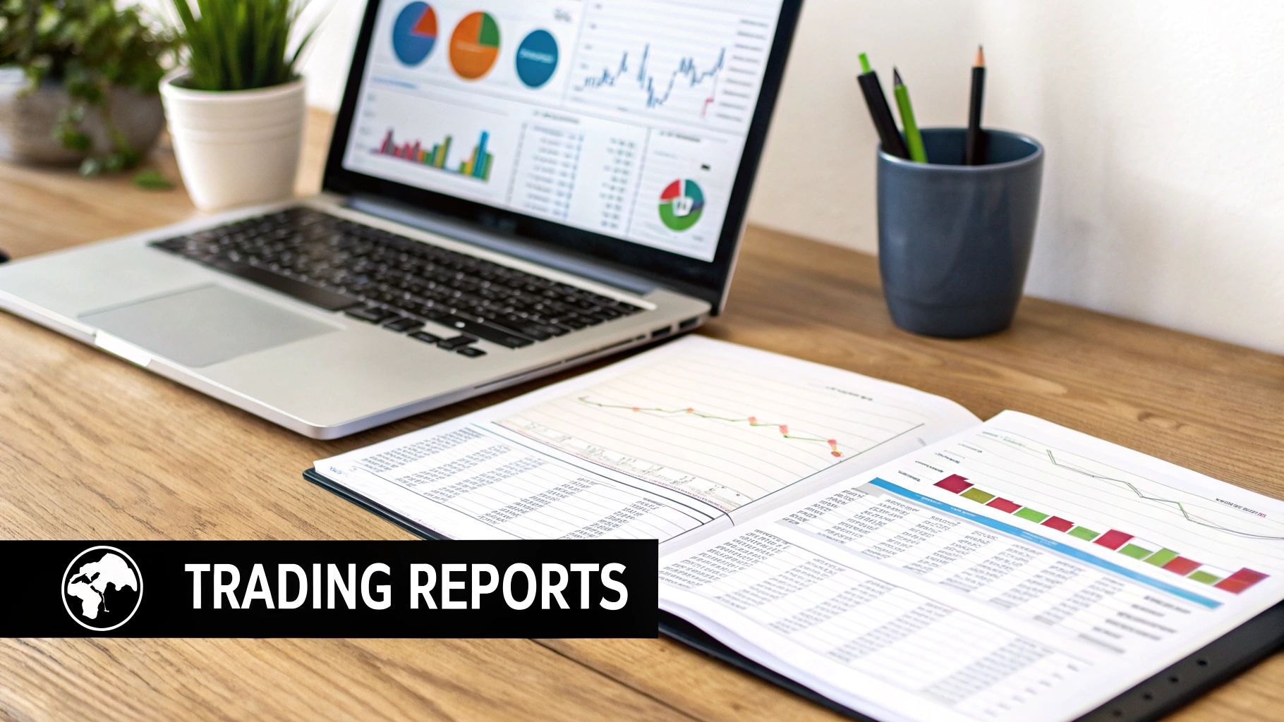 A laptop and open financial reports on a wooden desk with charts and graphs, labeled 'TRADING REPORTS'.