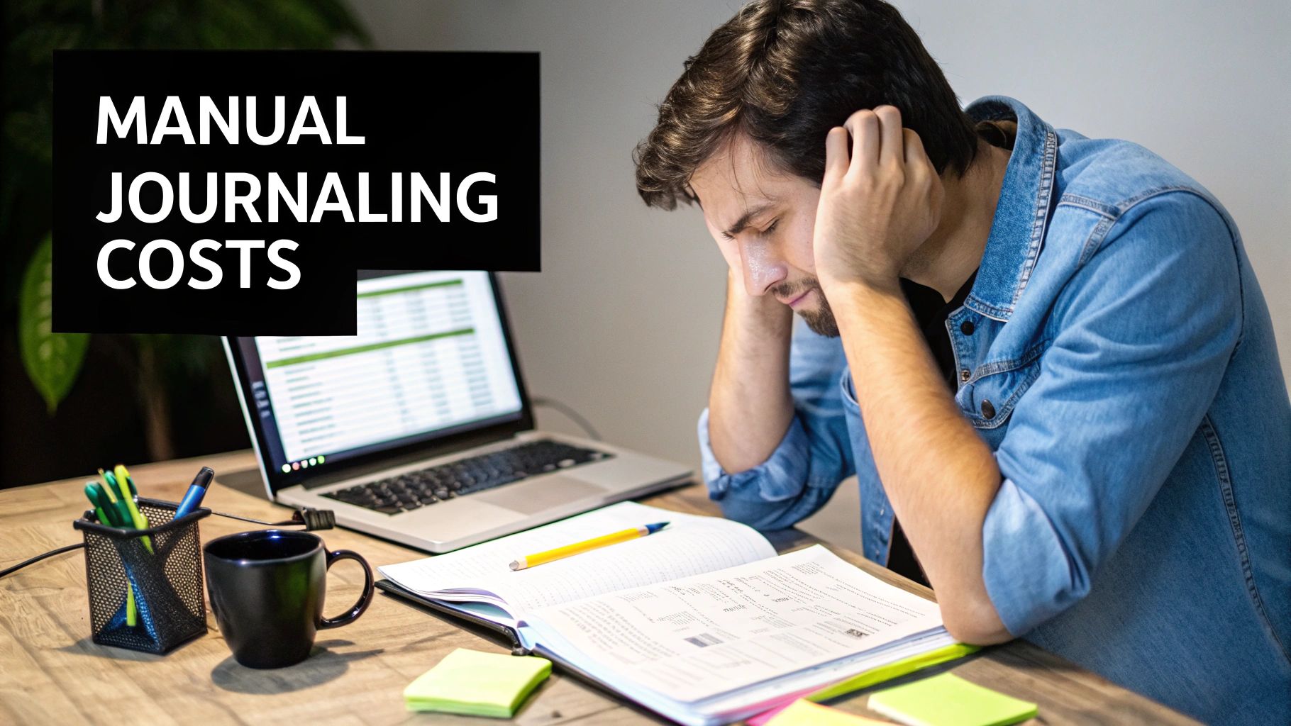 Stressed man with head in hands, struggling with manual journaling costs at a messy desk.