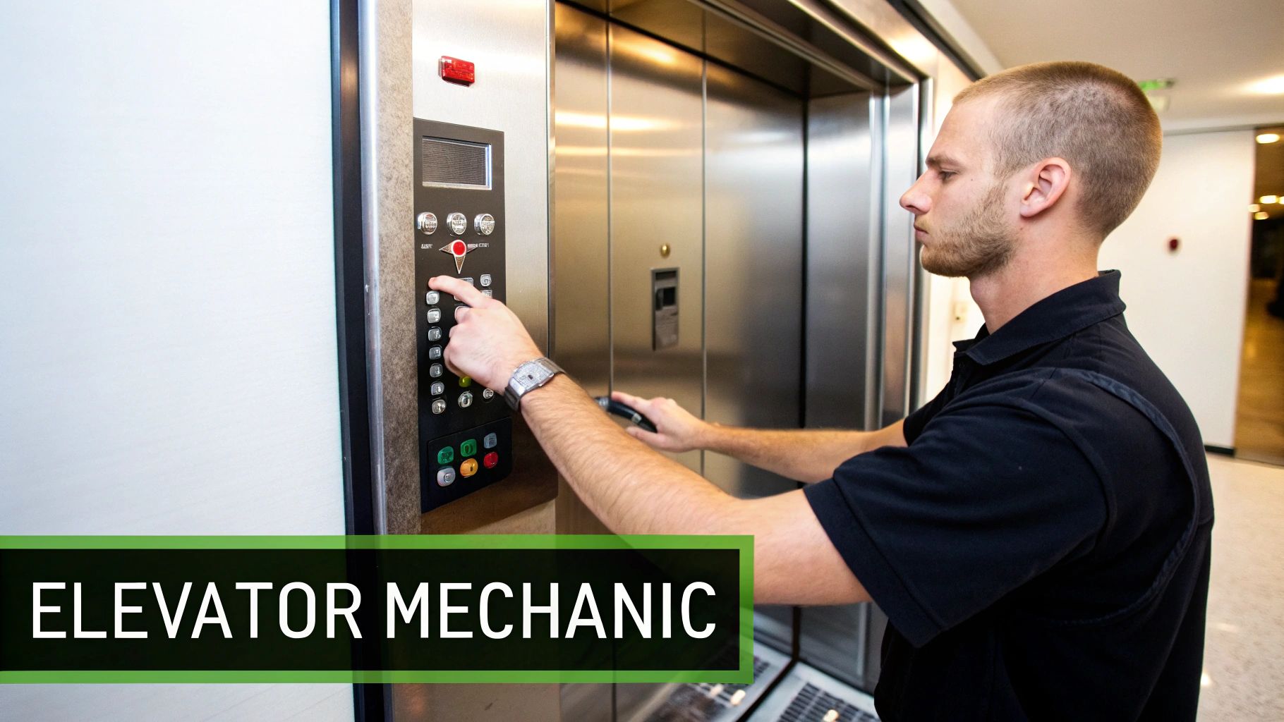 A male elevator mechanic presses buttons on an elevator control panel during maintenance.