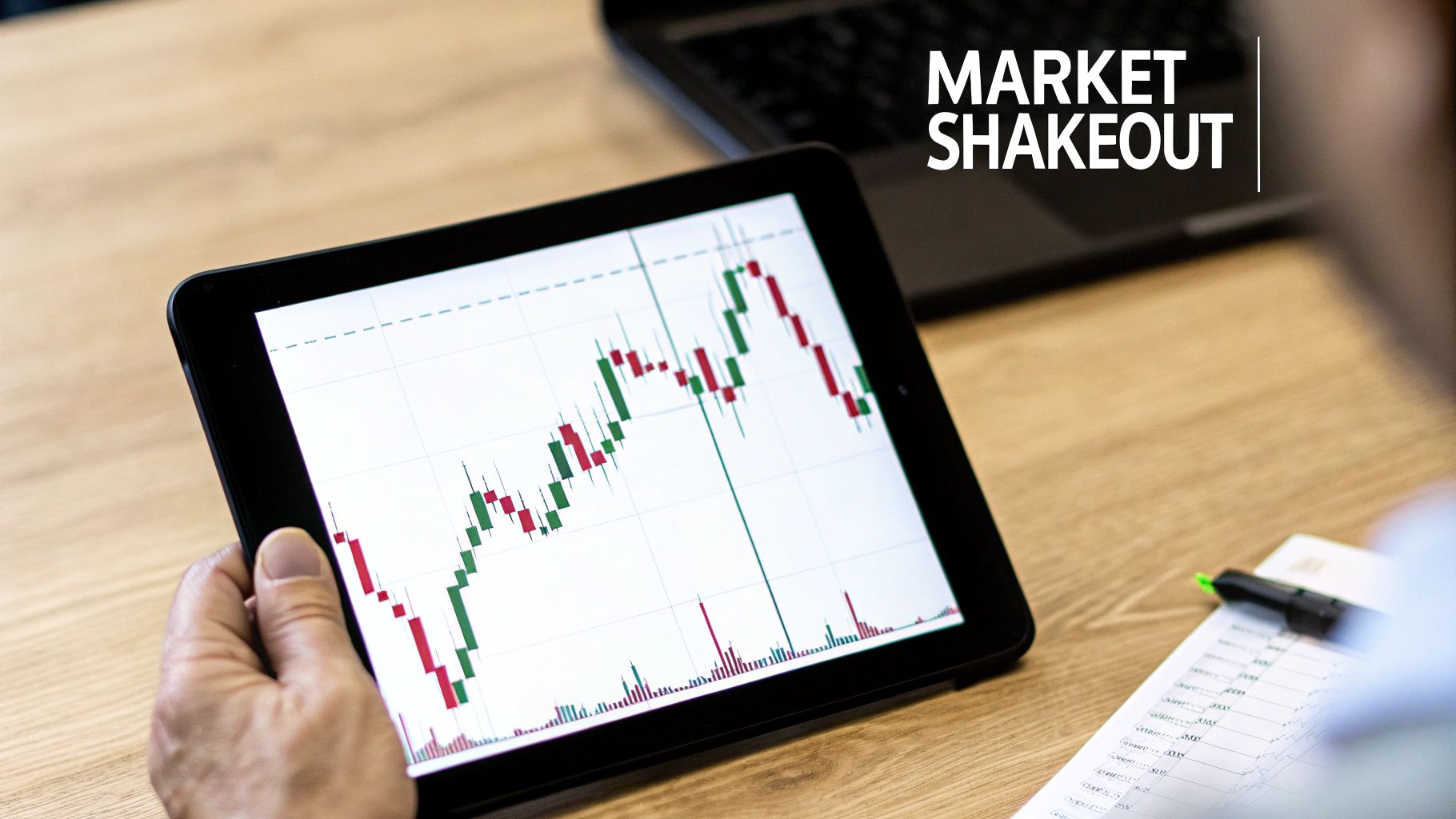 A person's hand holds a tablet displaying a dynamic stock market chart with red and green candlesticks, text says 'MARKET SHAKEOUT'.