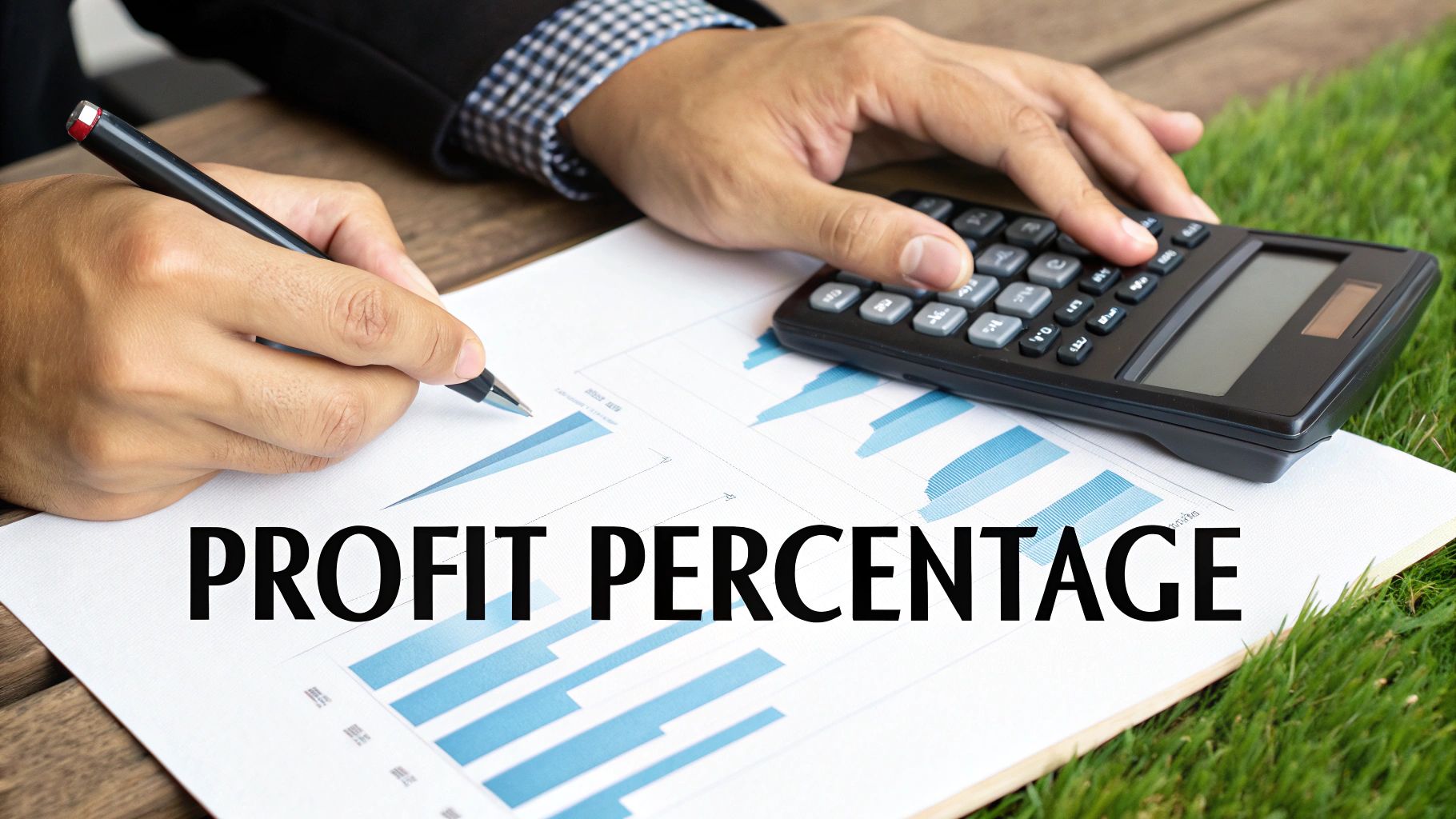 Hands calculate profit percentage using a calculator and writing on a document with bar charts.