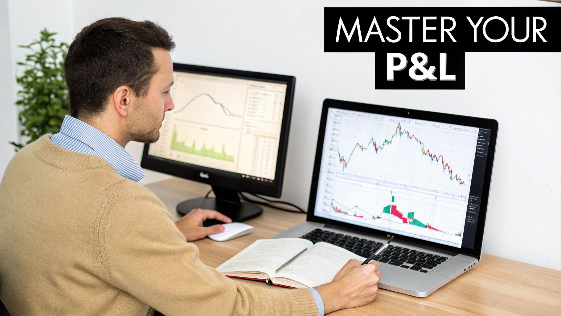 A man analyzes financial charts on dual monitors while taking notes in a notebook.