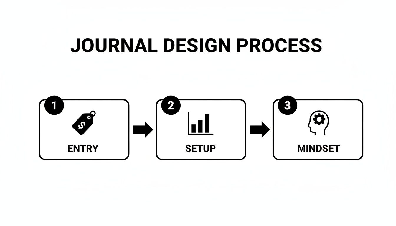 A three-step journal design process diagram: Entry, Setup, and Mindset, with corresponding icons.