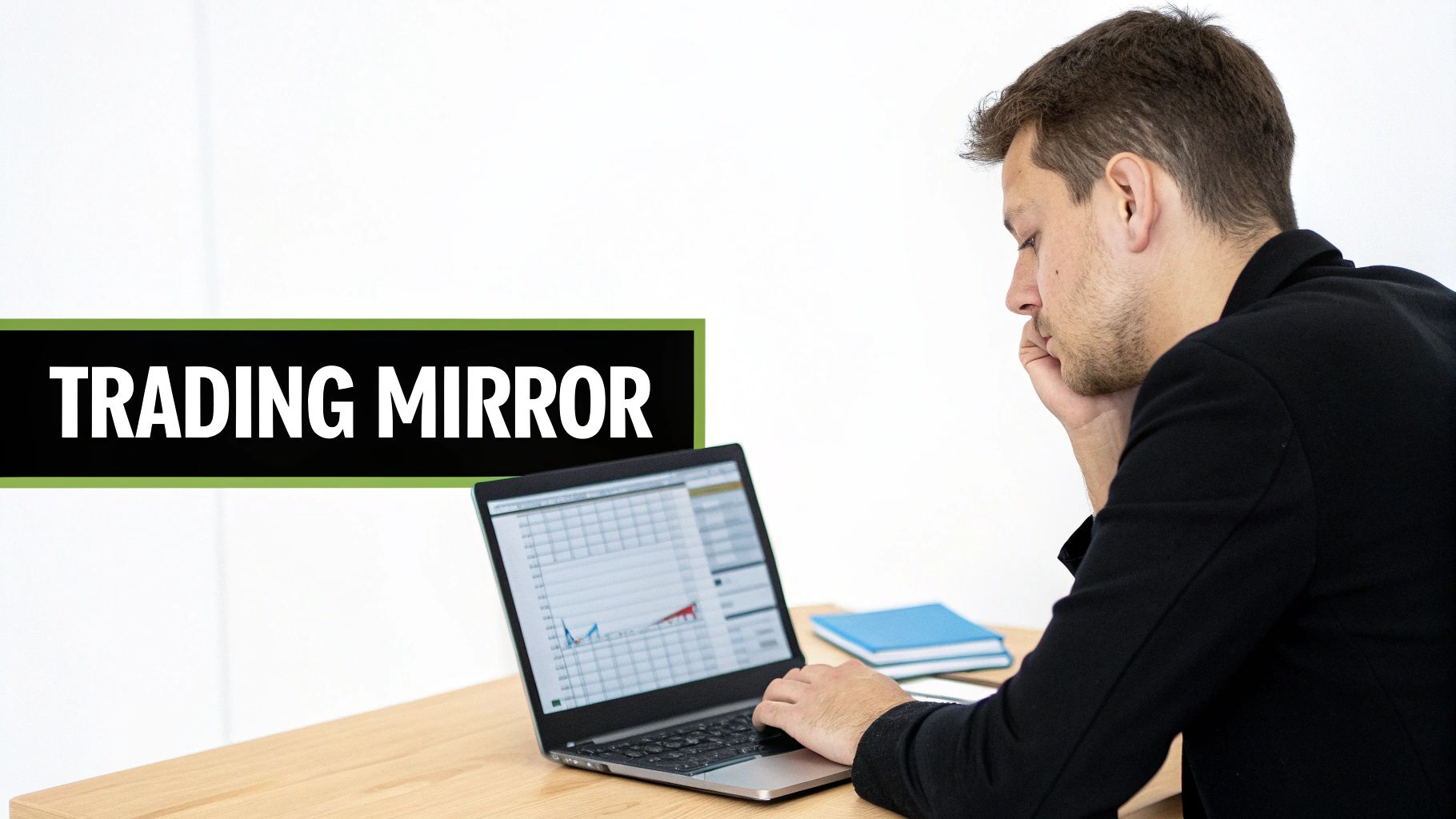 A man in a black jacket looks at a laptop displaying financial charts, with 'TRADING MIRROR' text. A man in a black jacket looks at a laptop displaying financial charts, with 'TRADING MIRROR' text.