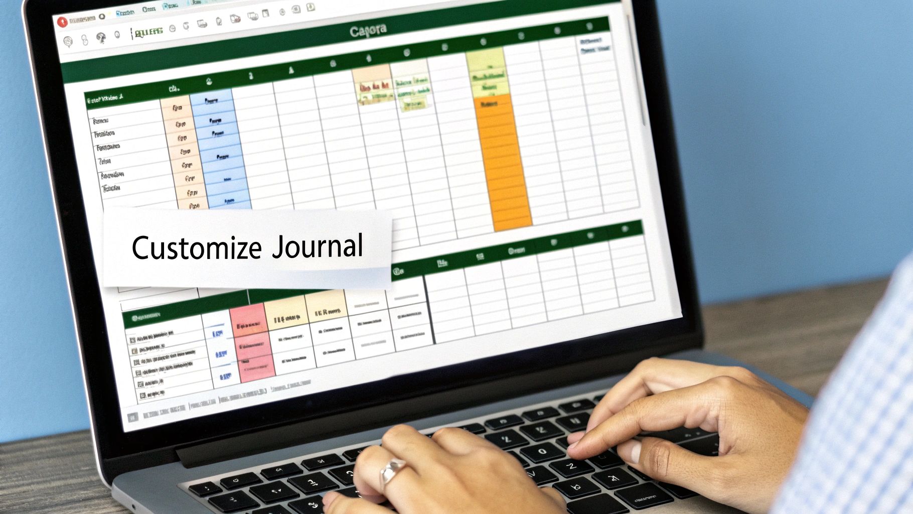A customized Excel trading journal dashboard showing colorful charts and data.