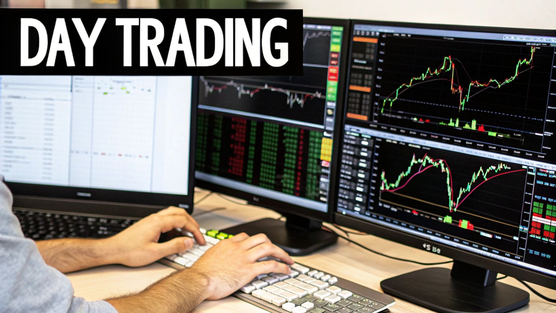 Day trader analyzing stock market charts on multiple monitors while typing on keyboard